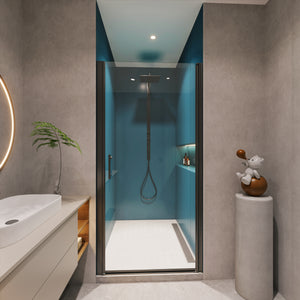 24-37 x 72 in pivot shower door matte black front view