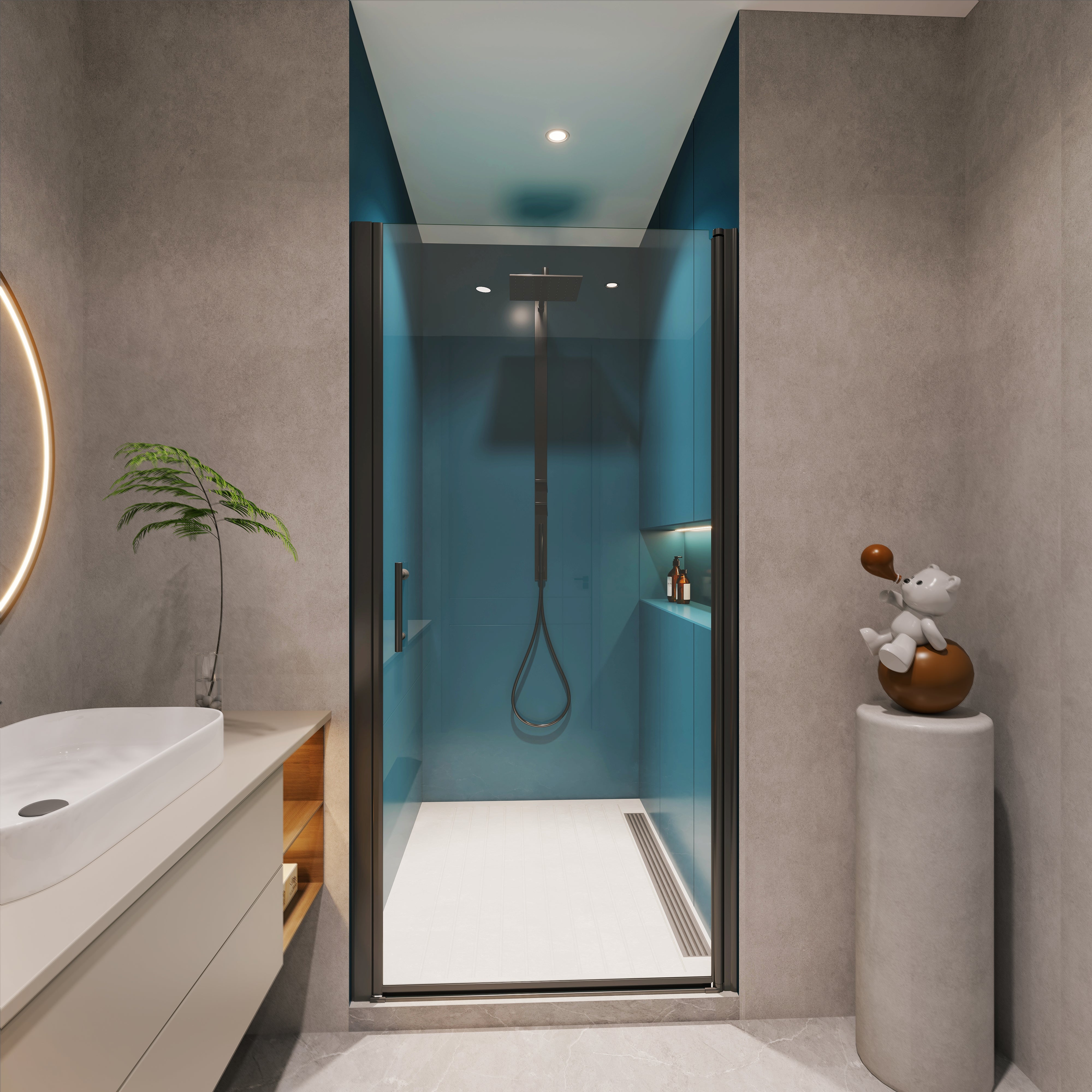 Universal pivot shower door with 1/4 inch tempered glass, front view