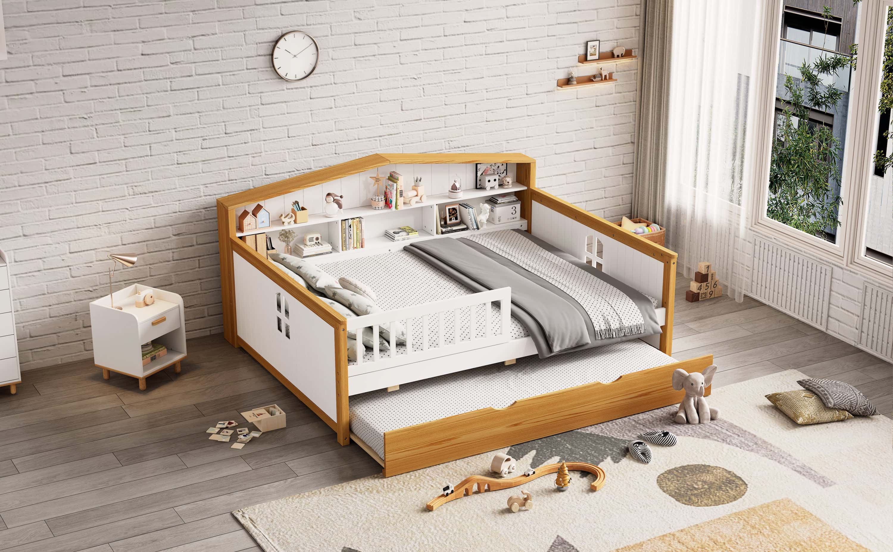 Full Size House Shape Daybed with Trundle and Bookcase Headboard Wooden Bed for Girls Boys Teens, No Box Spring Needed, Walnut and White