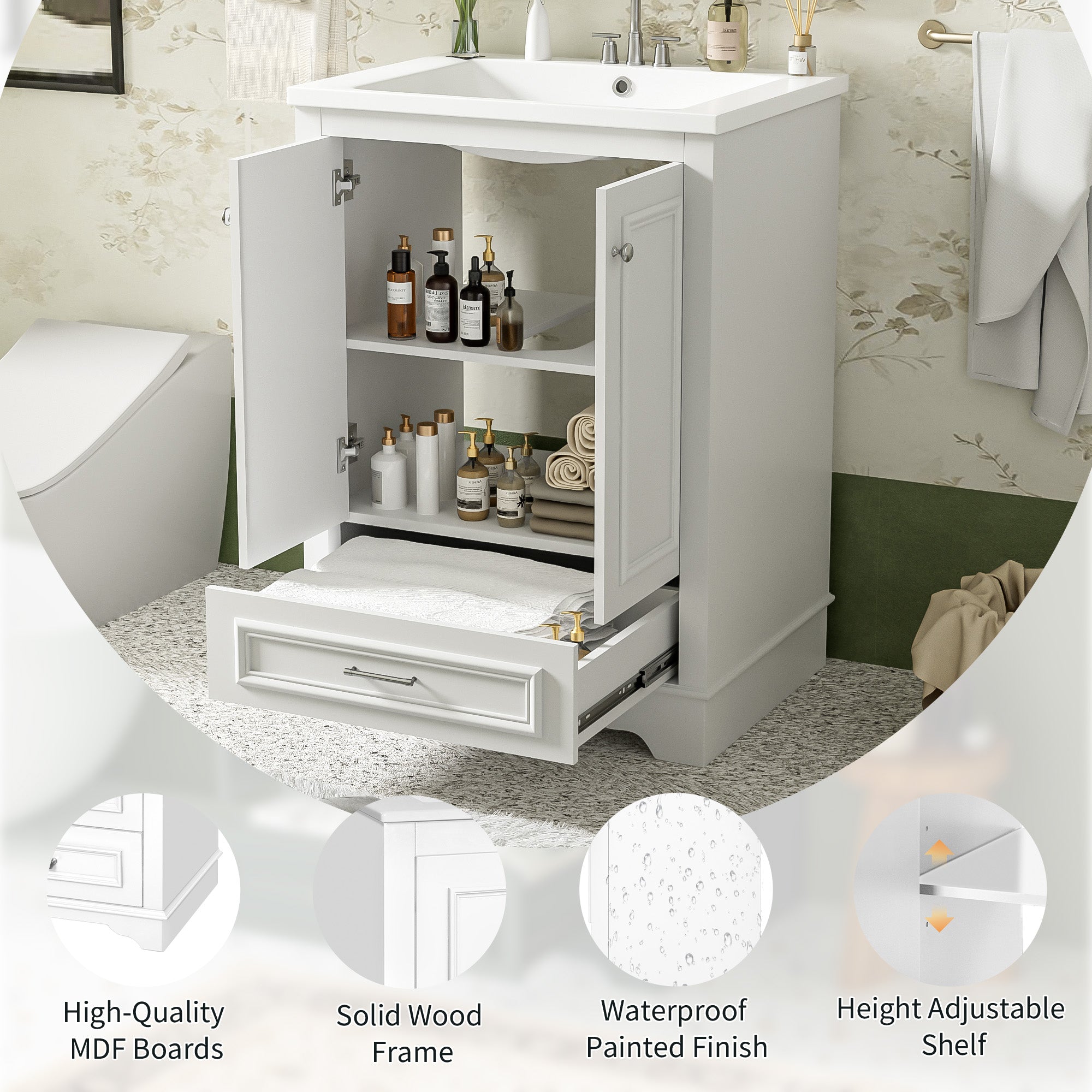 24 inch bathroom vanity ceramic sink combo storage cabinet, styled bathroom view