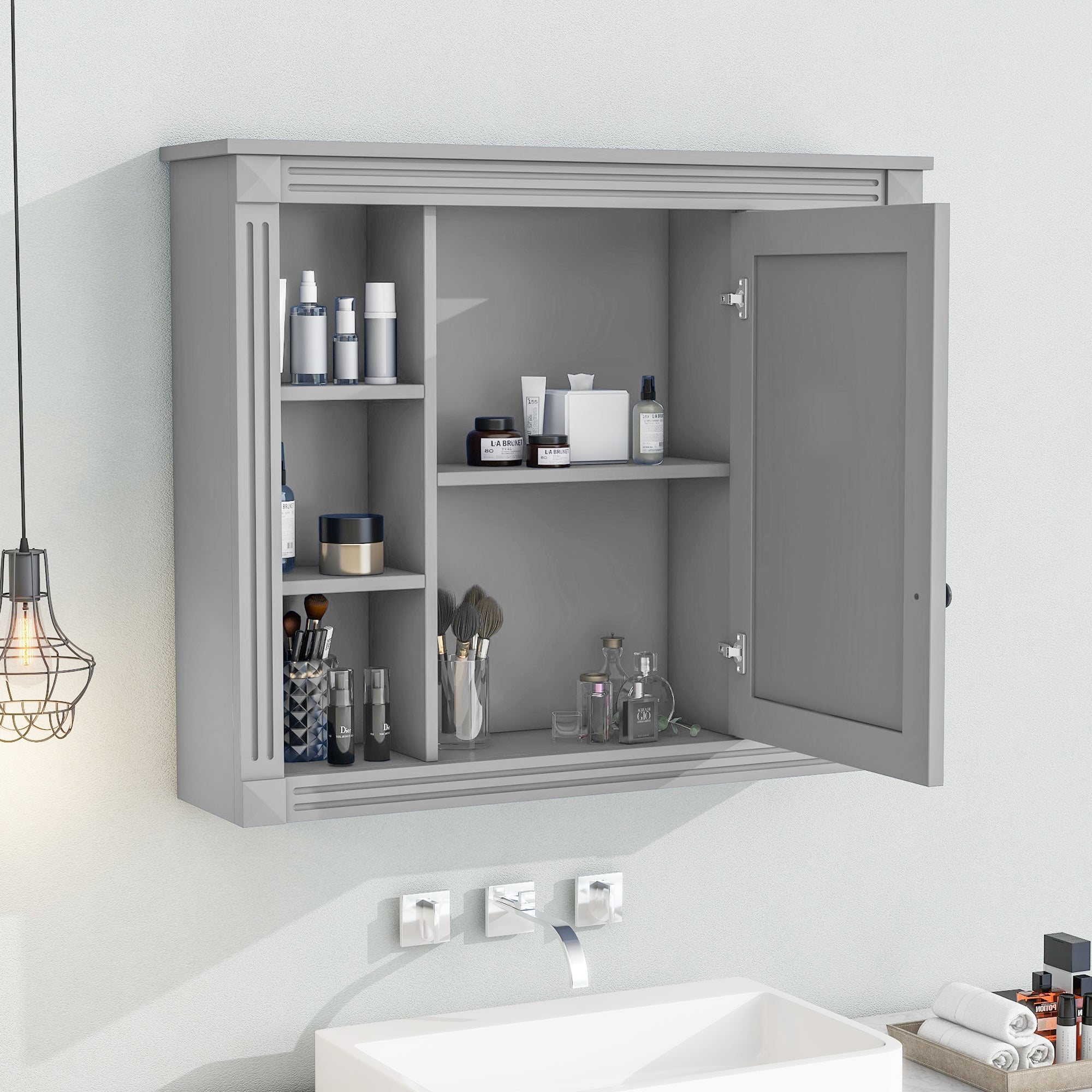 Modern bathroom medicine cabinet with mirror front and open shelves, detail view