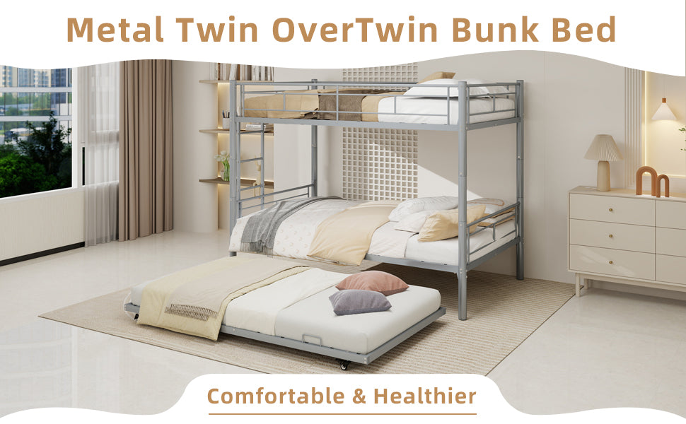 Silver triple bunk bed frame, twin size, dorm room setting