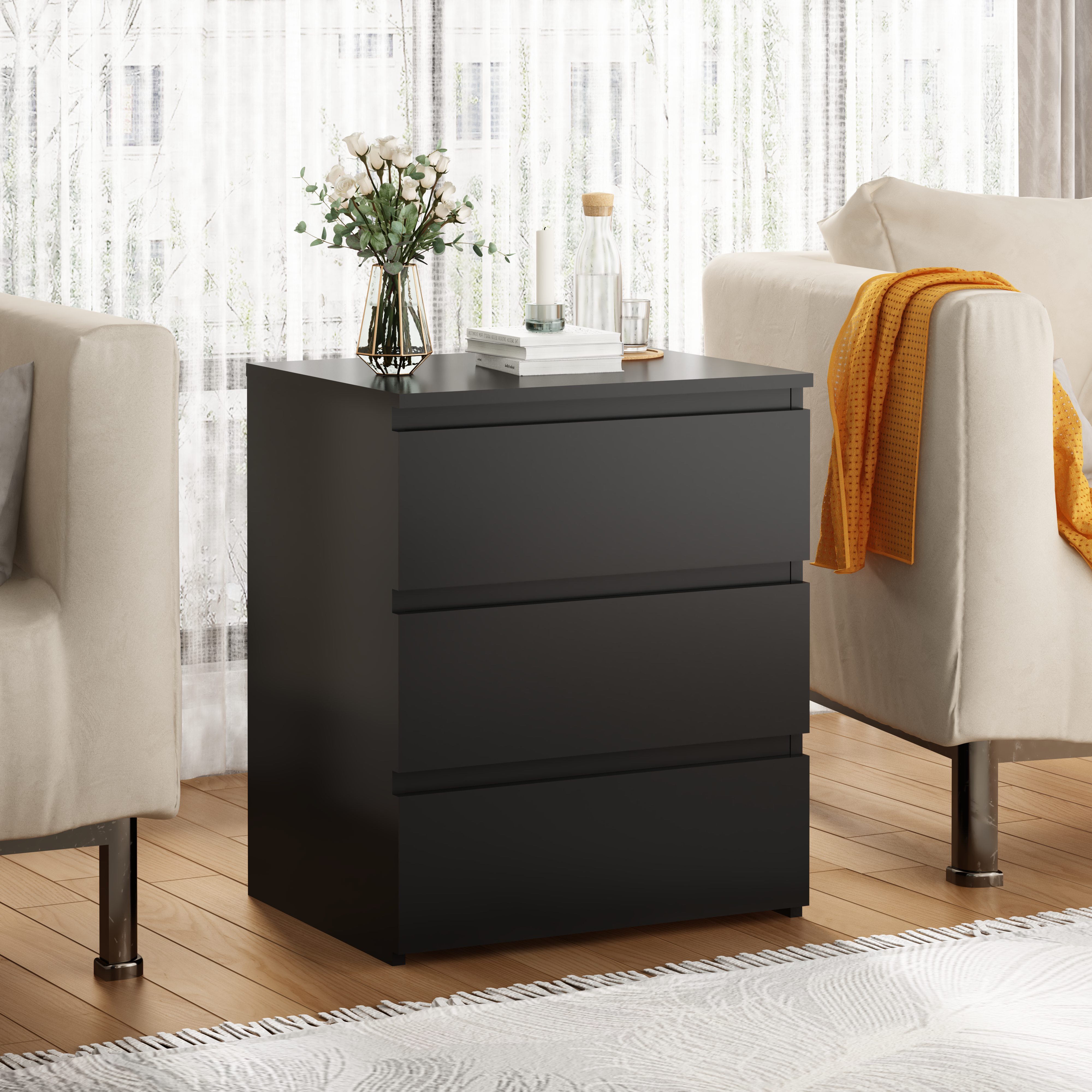 3-drawer wooden chest side table, angled view showing drawers