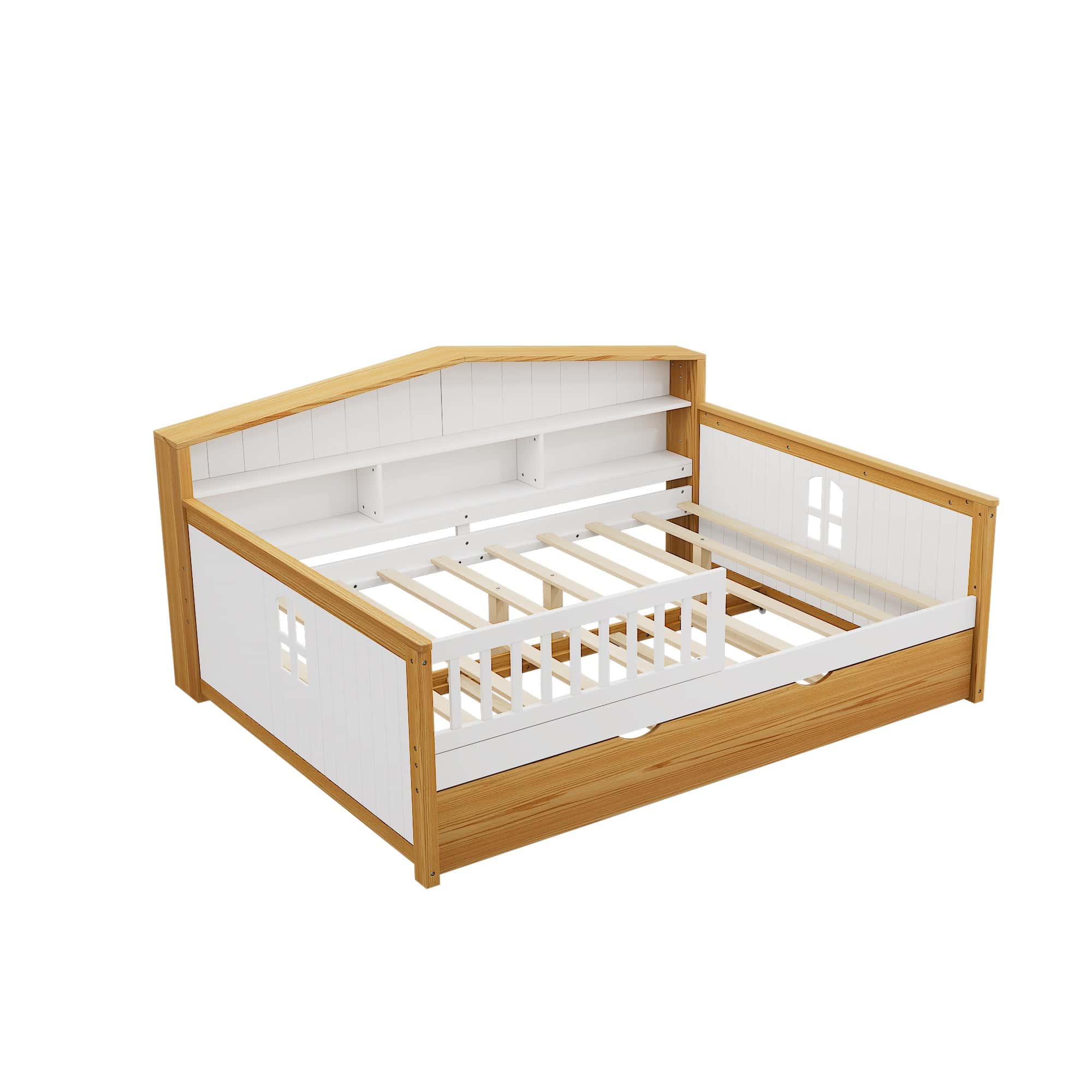Full Size House Shape Daybed with Trundle and Bookcase Headboard Wooden Bed for Girls Boys Teens, No Box Spring Needed, Walnut and White