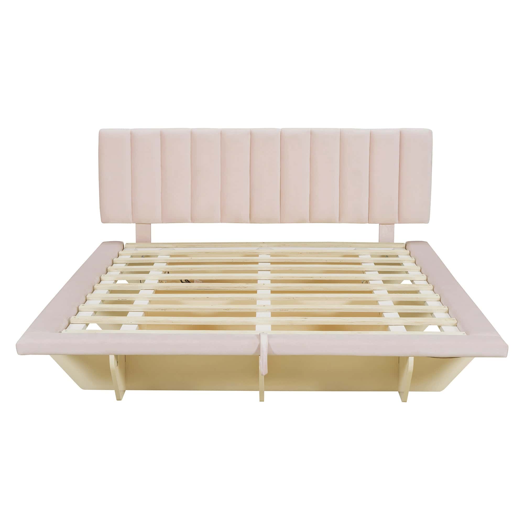 Queen Size Upholstered Floating Bed with LED Light and USB Port, Velvet, Pink, Hydrualic Platform Bed