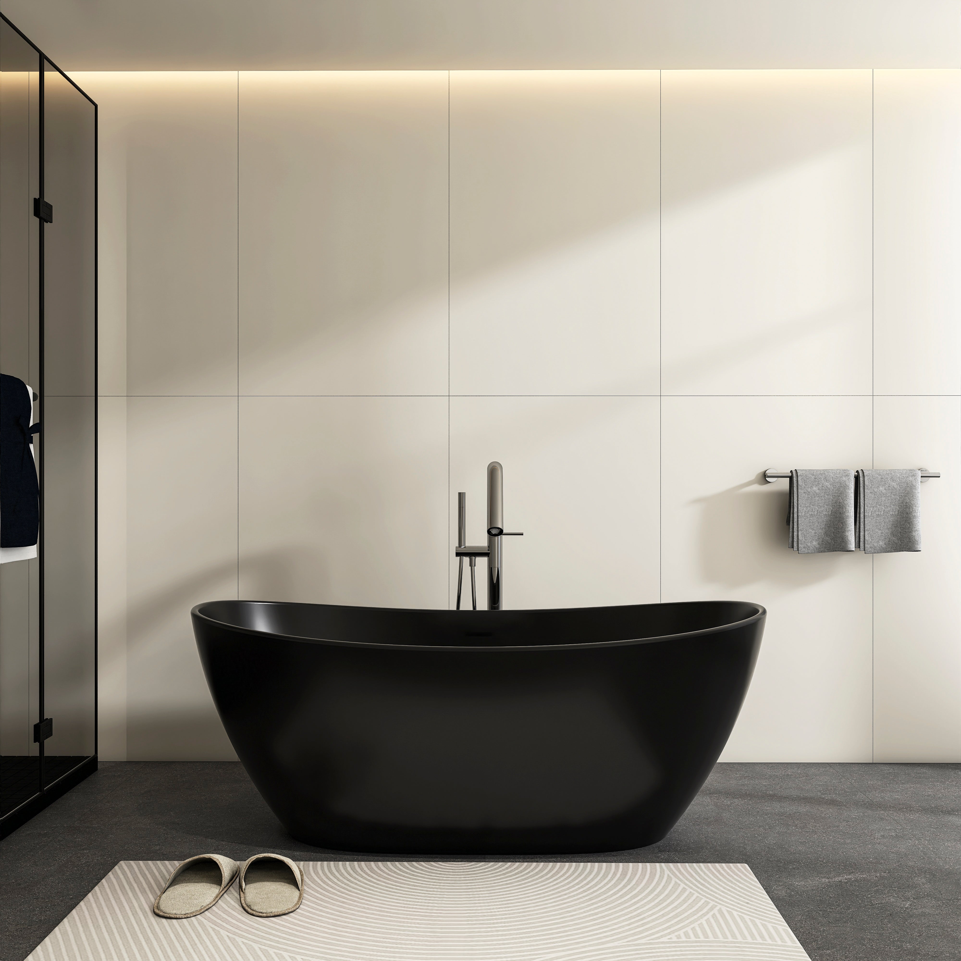 65-inch freestanding solid surface stone bathtub, front view