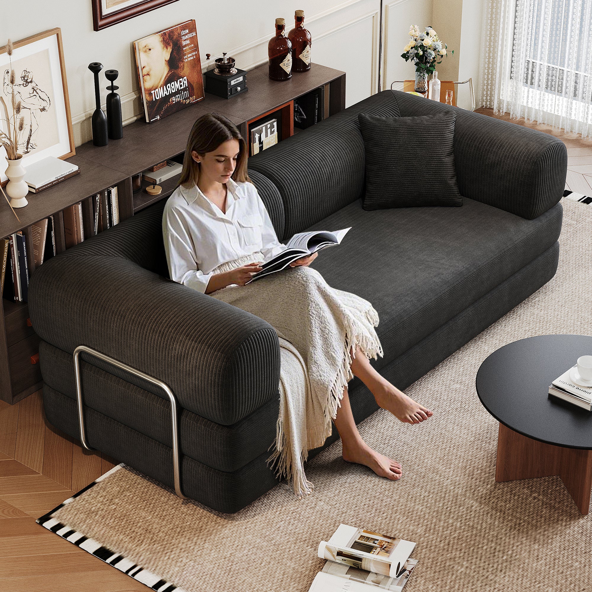 Black corduroy convertible floor sofa bed, 78.8 inch loveseat, front view