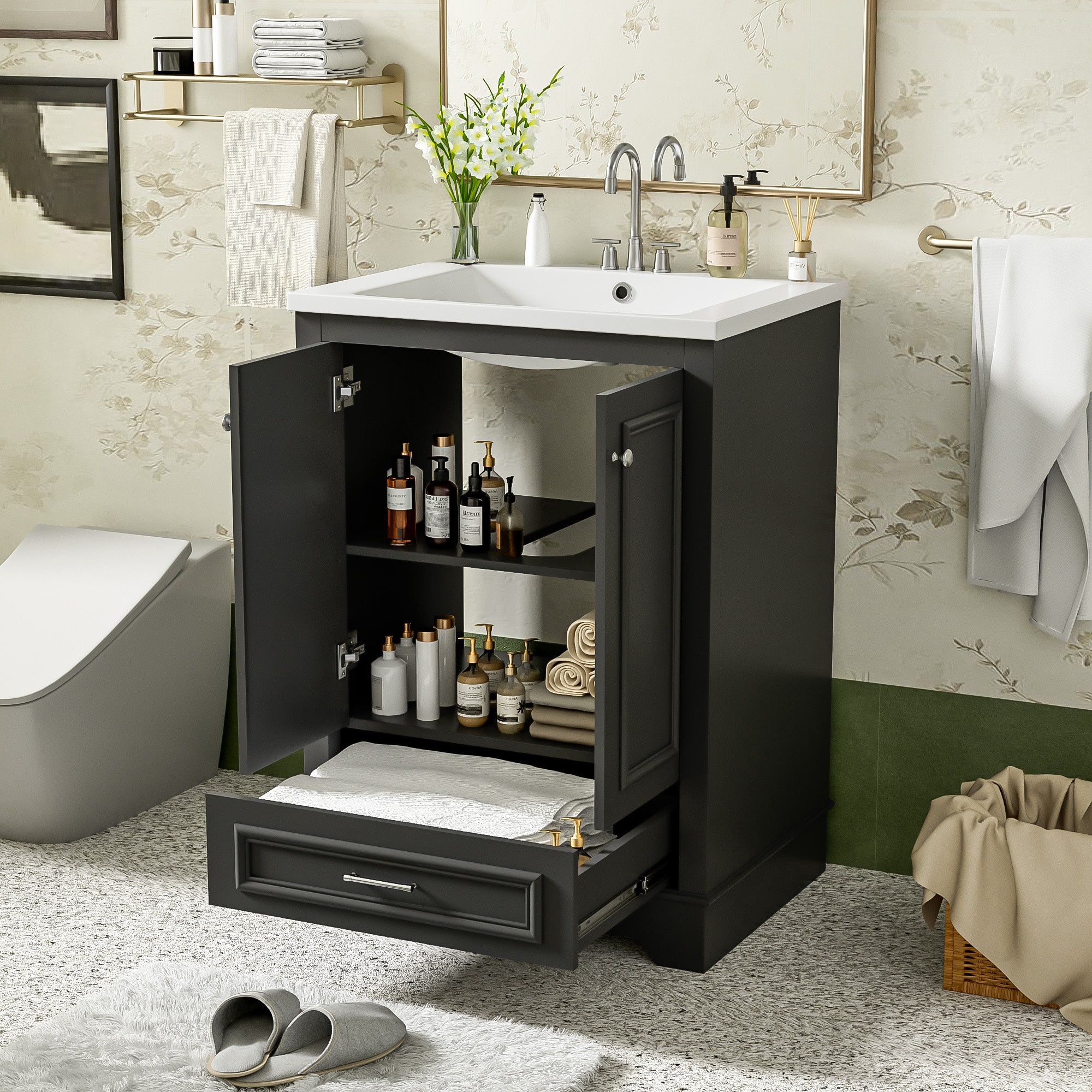 Freestanding bathroom vanity with soft-closing doors open, storage view