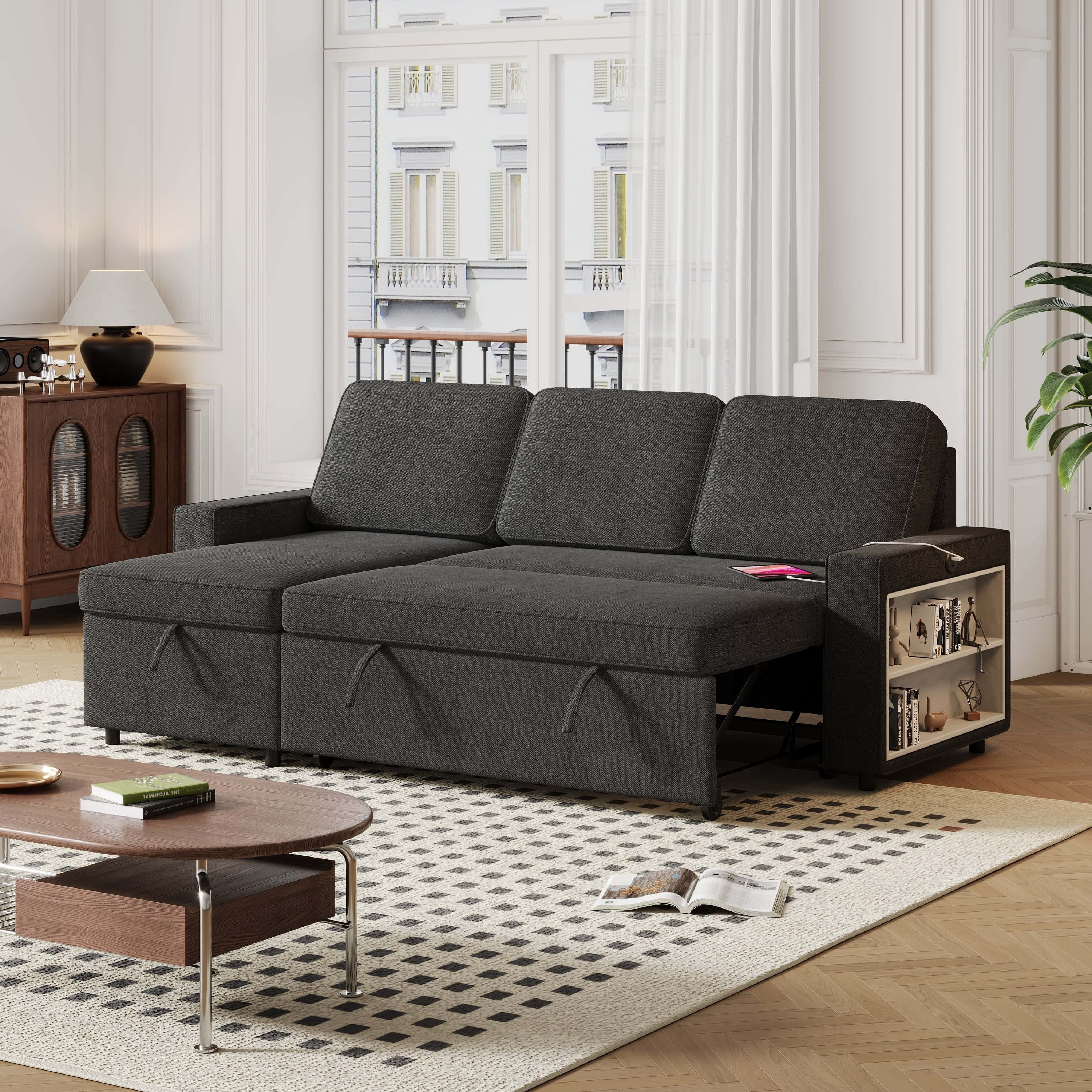 85.8" Pull Out Sleeper Sofa L-Shaped Couch Convertible Sofa Bed with Storage Chaise And Storage Racks,With USB Port And T-pyce Port