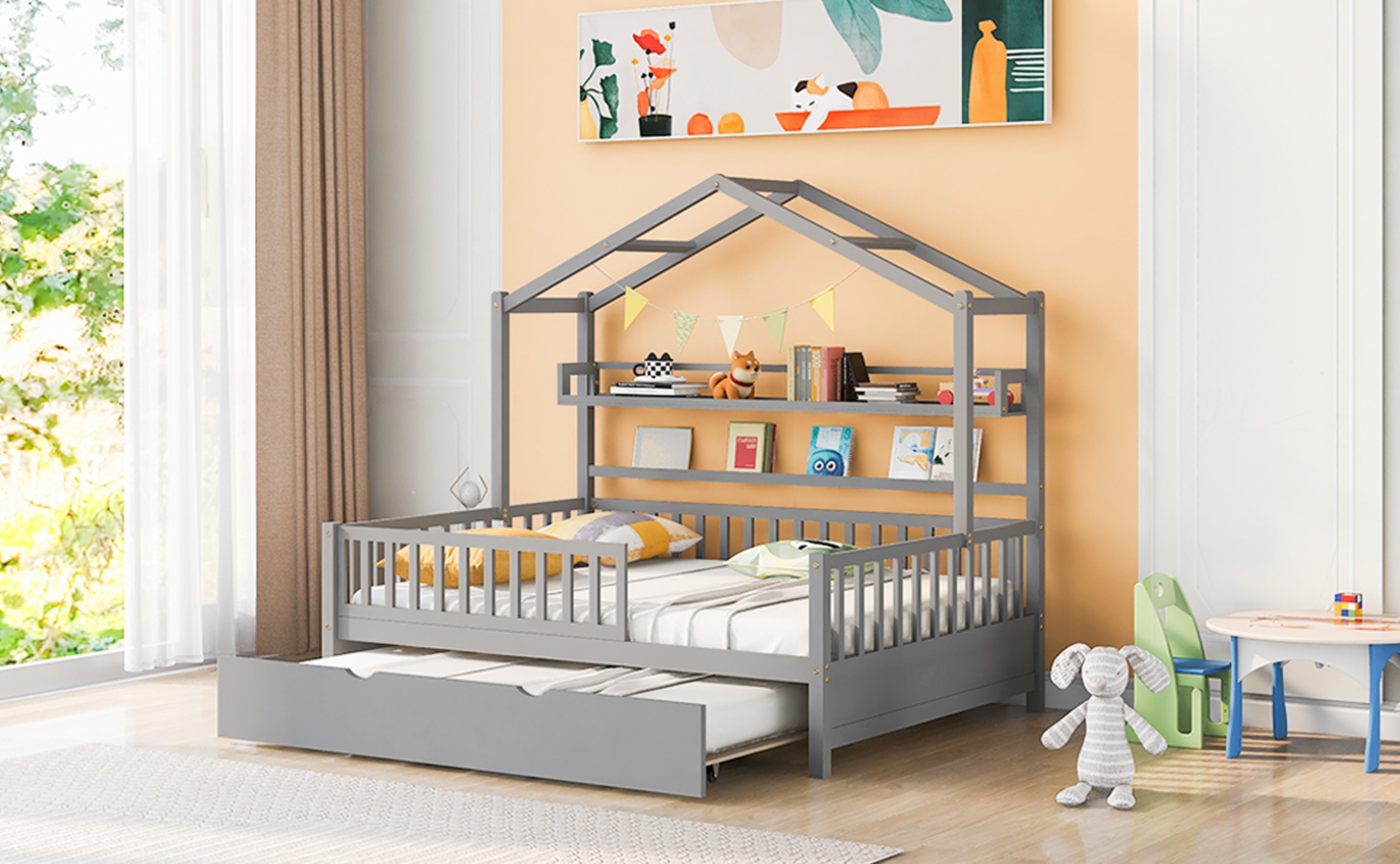 Wooden Full Size House Bed with Twin Size Trundle,Kids Bed with Shelf, Gray
