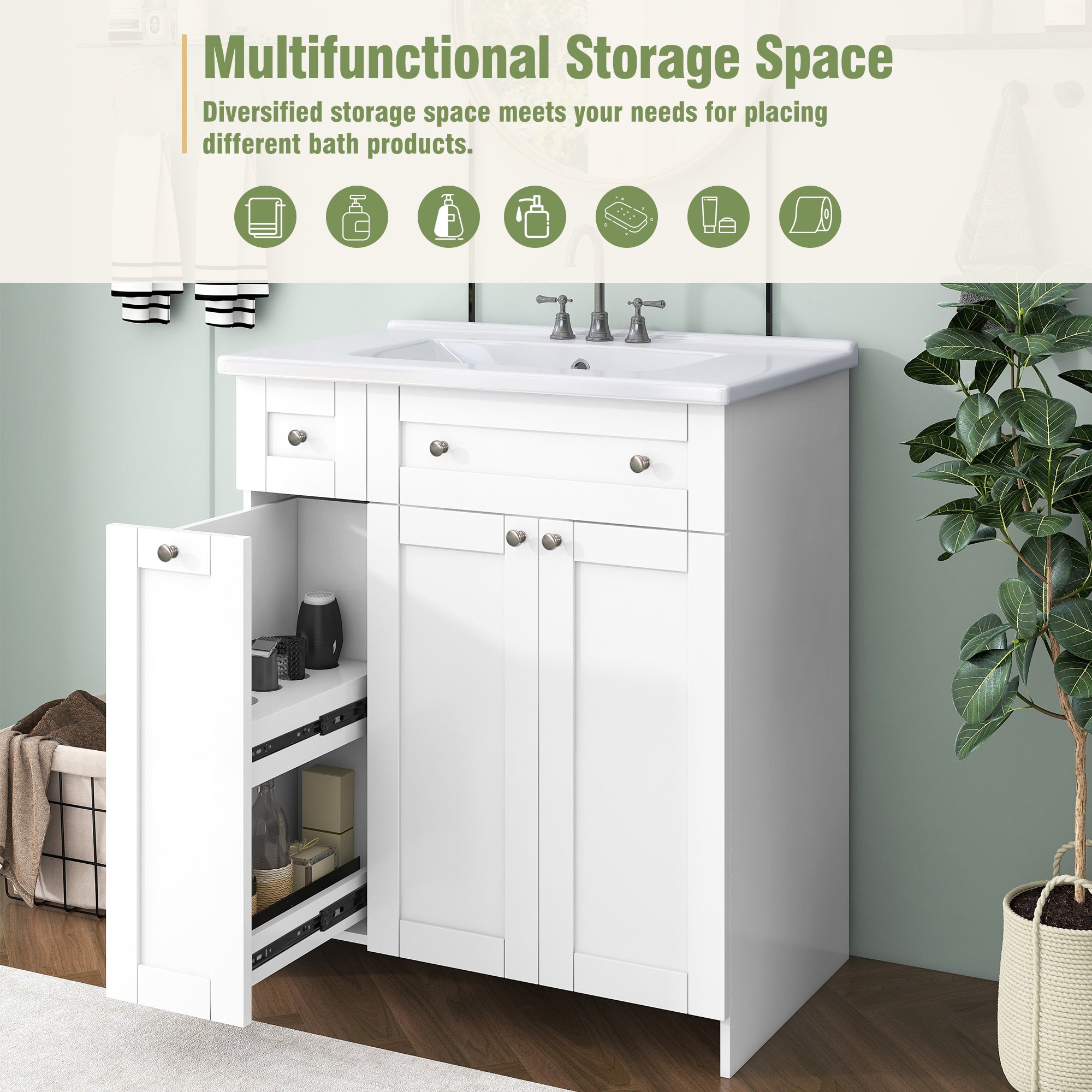 30-Inch White Bathroom Vanity with Ceramic Sink Combo, Abundant Storage Cabinet - 2 Soft close Doors and Double-tier Deep Drawer