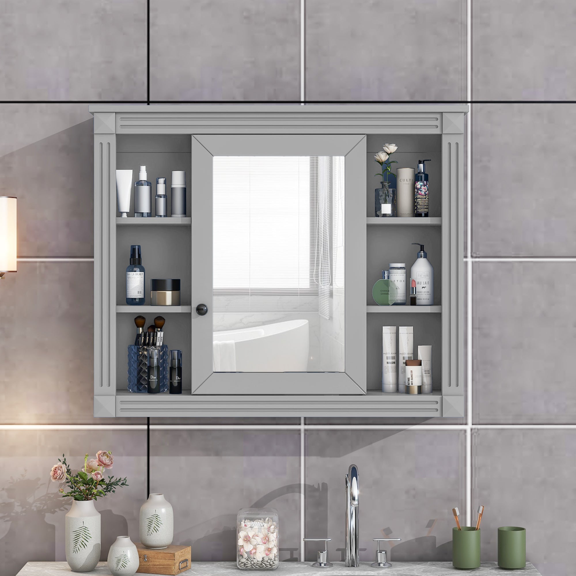 35 inch wall mounted modern bathroom medicine mirror cabinet with 6 open shelves, front view