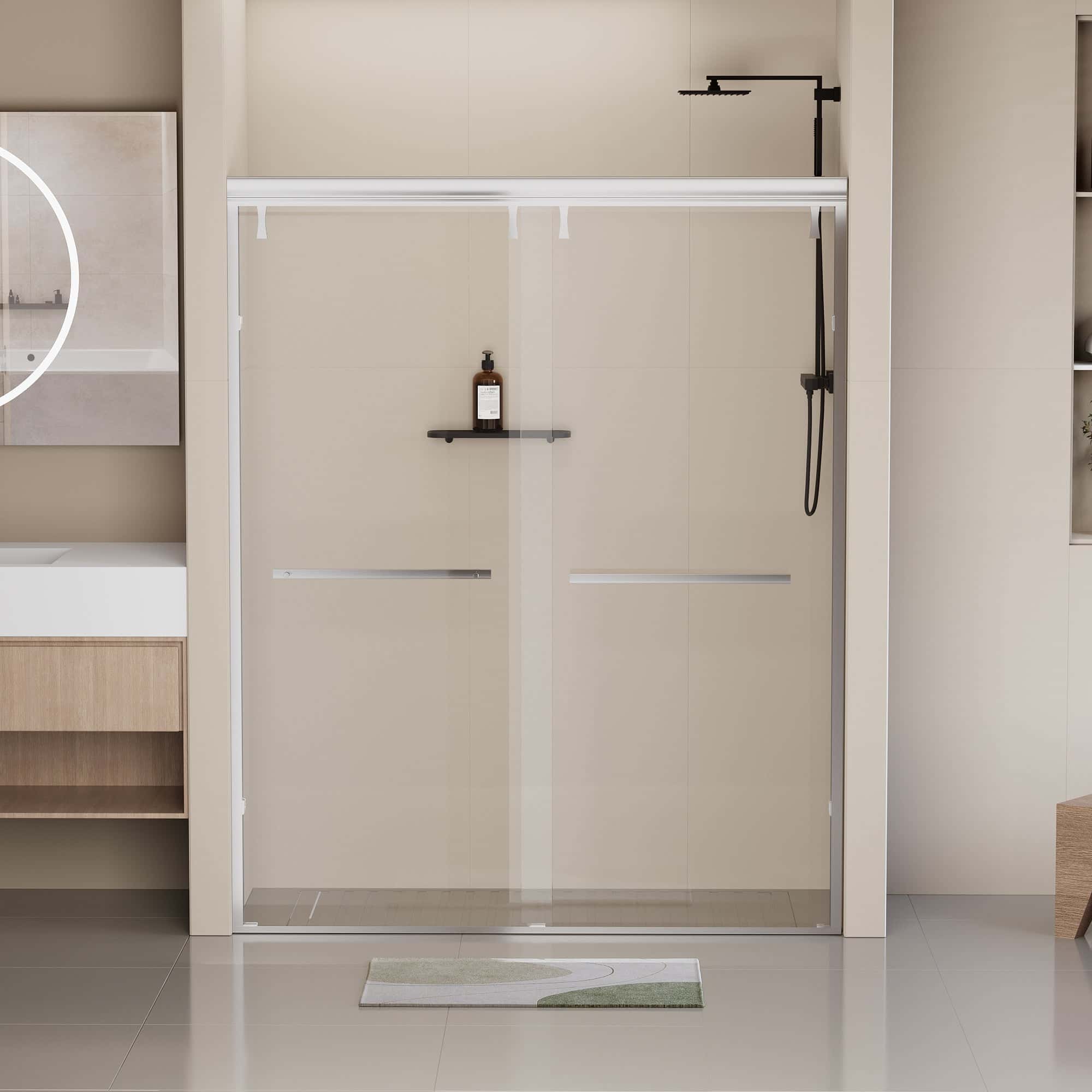 56-60"W x 76"H Semi-Frameless Shower Door, Double Sliding Shower Door, 5/16" (8mm) Clear Tempered Glass Shower Door with Explosion-Proof Film, Chrome 24D212-60C-COMBO