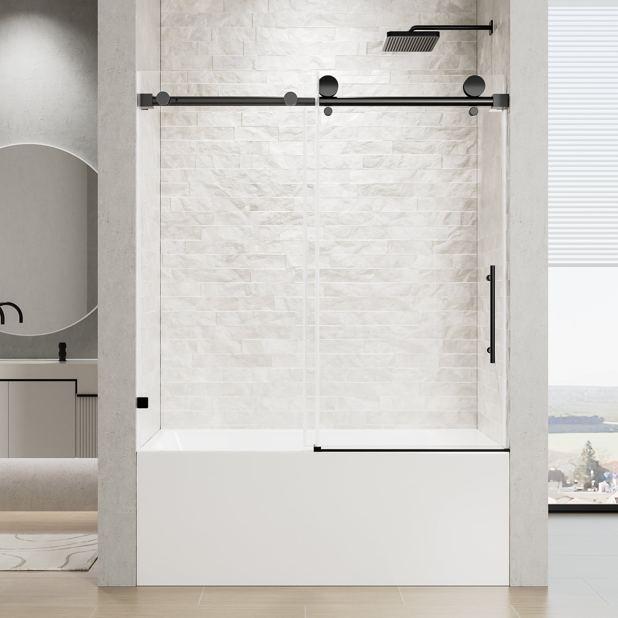 56-60 x 60 in Frameless Single Sliding Bathtub Door - 56-60 x 60 in / Matte Black / 5/16 in Glass view 1