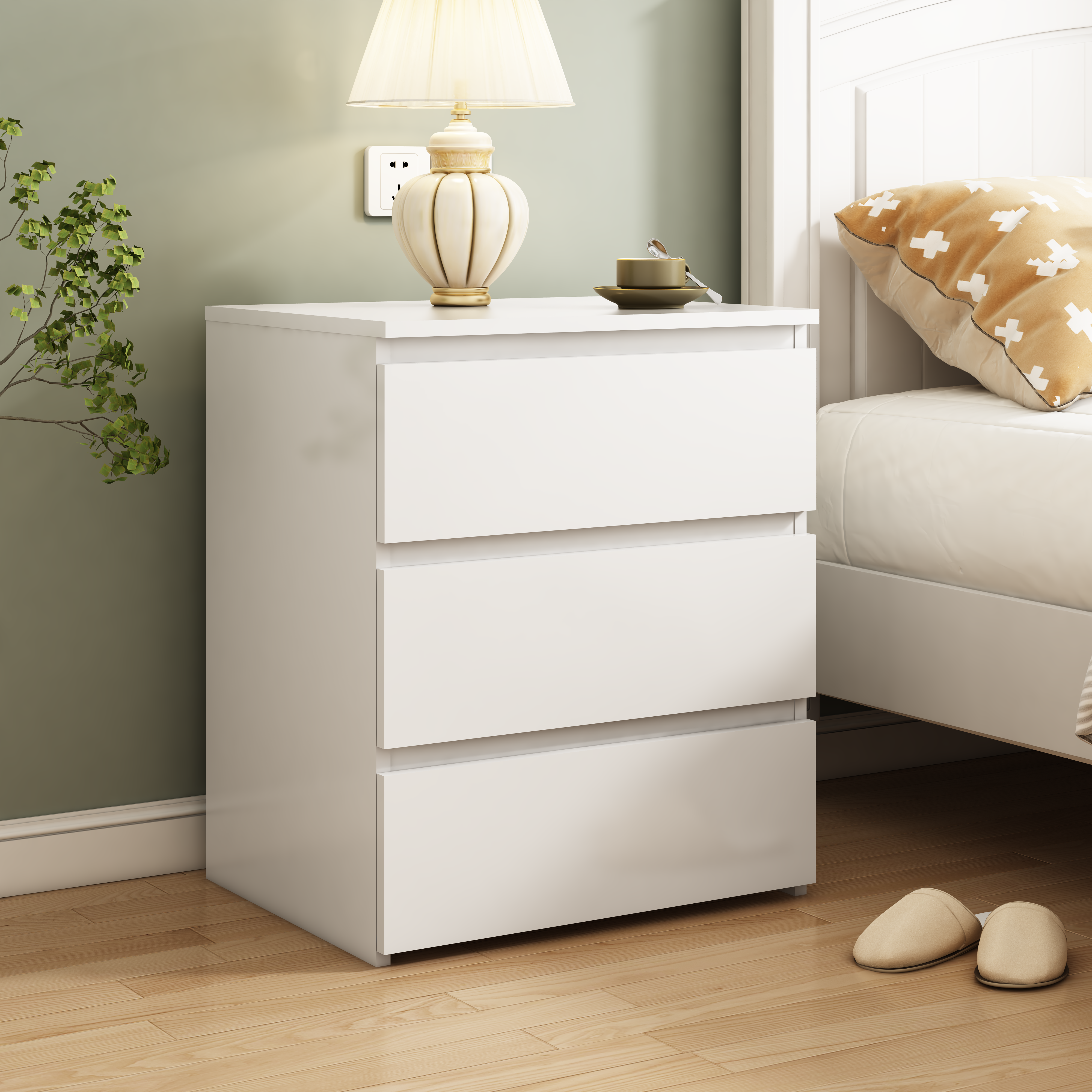 White 3-drawer wood nightstand, side profile view