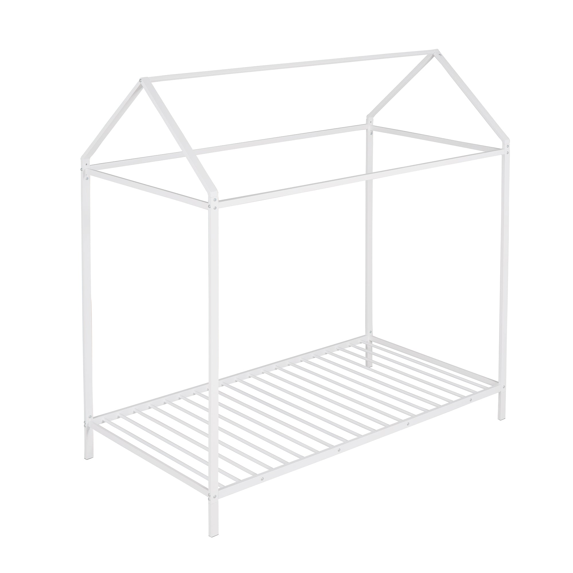 House Bed Frame Twin Size , Kids Bed Frame Metal Platform Bed Floor Bed for Kids Boys Girls No Box Spring Needed White