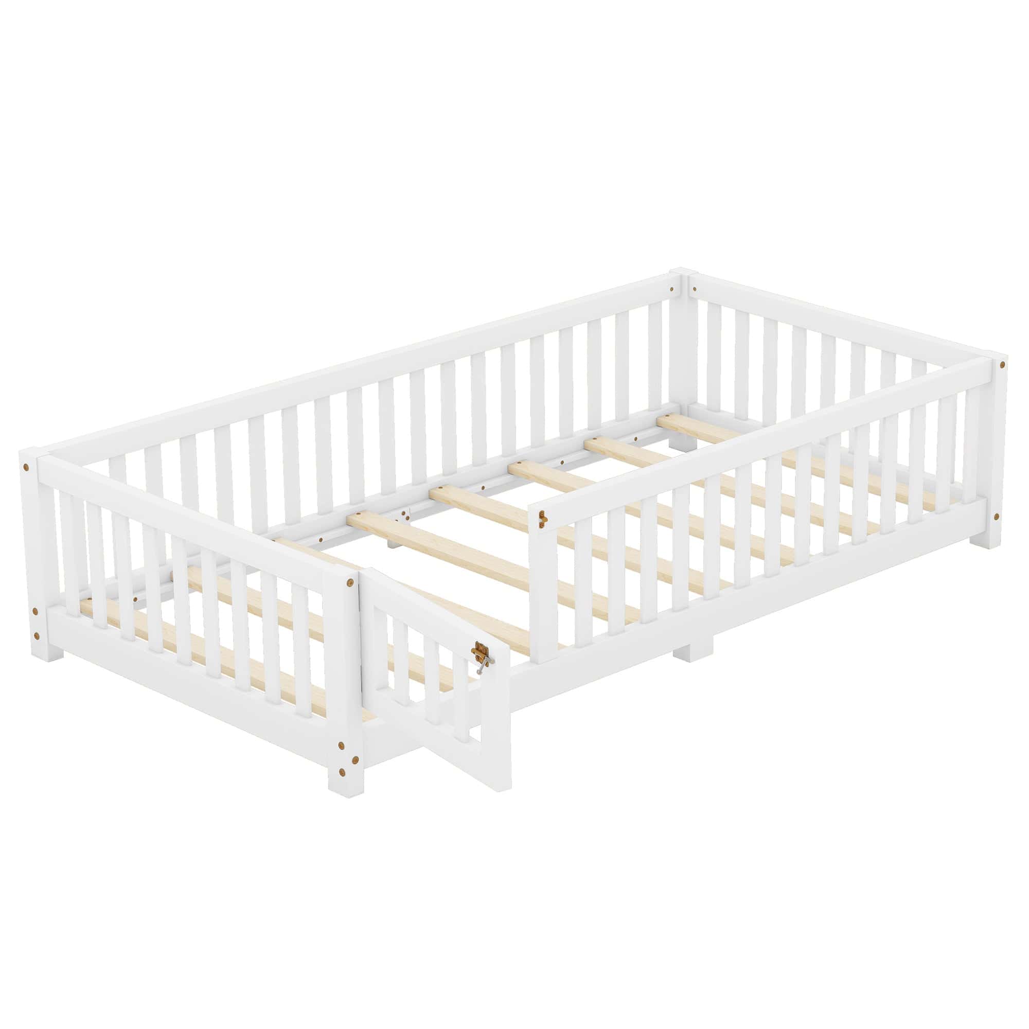 Twin Size Bed Floor Bed with Safety Guardrails and Door for Kids, White(Old SKU:W158090683)