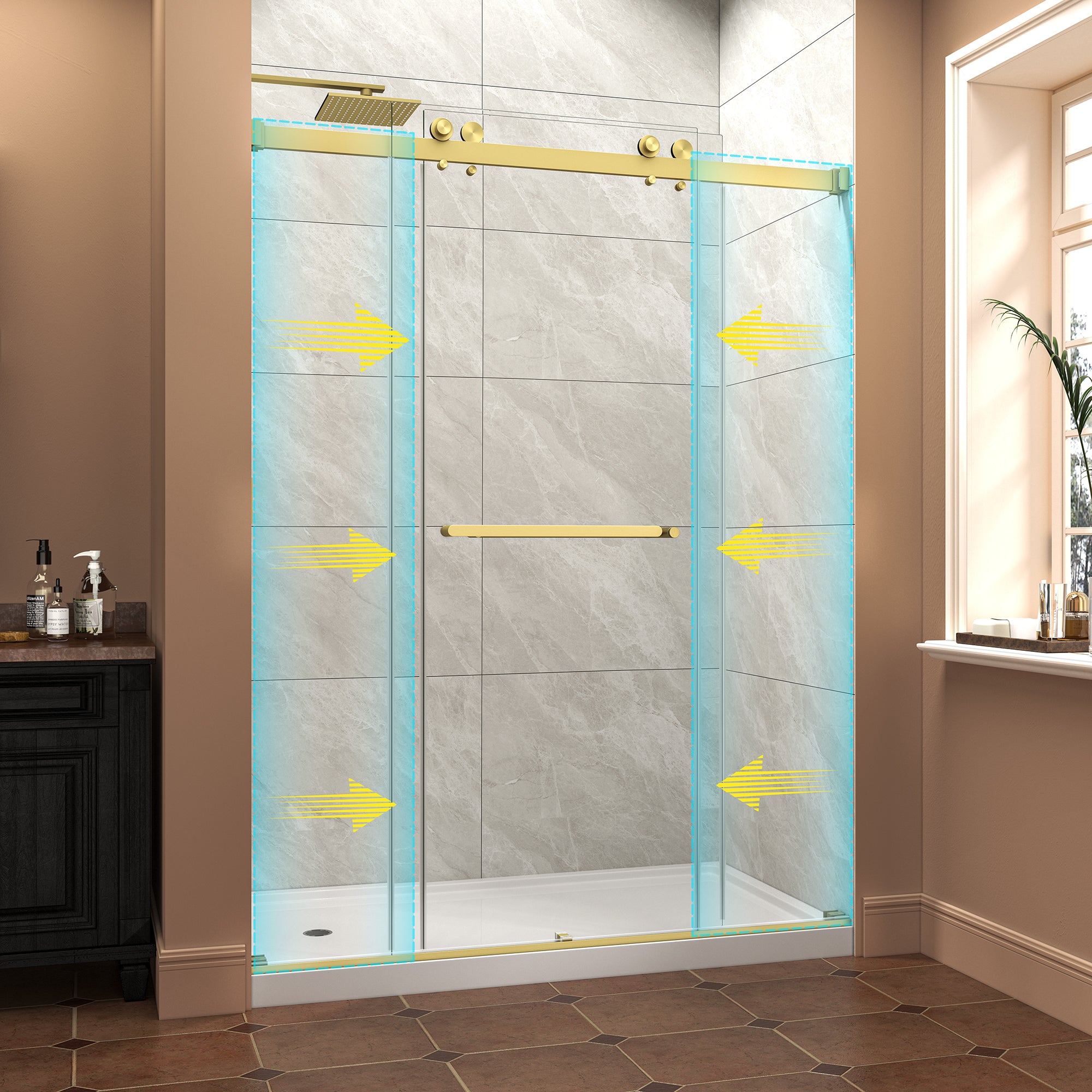 55-60 x 76 in Reversible Bypass Shower Door - Brushed gold shower door detail