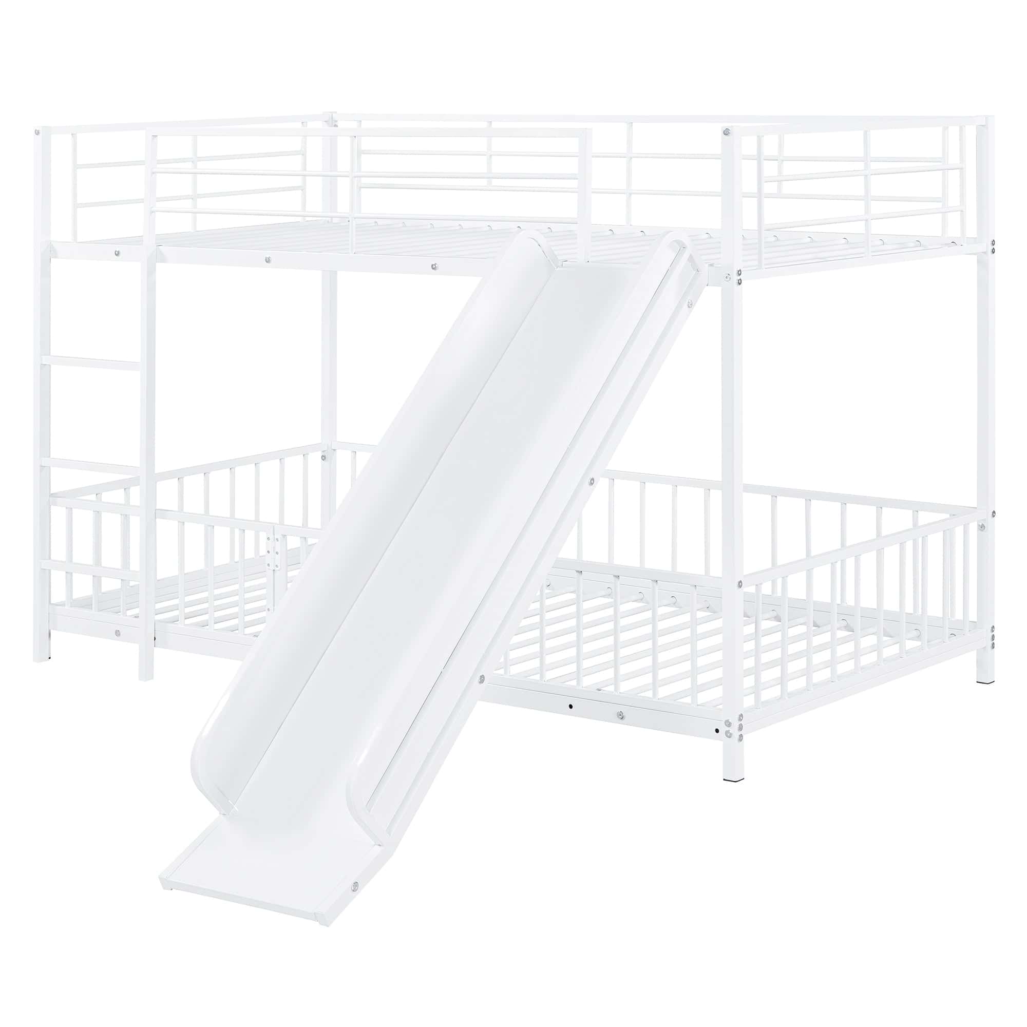 Twin over Twin Size Metal Bunk Bed with Slide and Guardrails, White