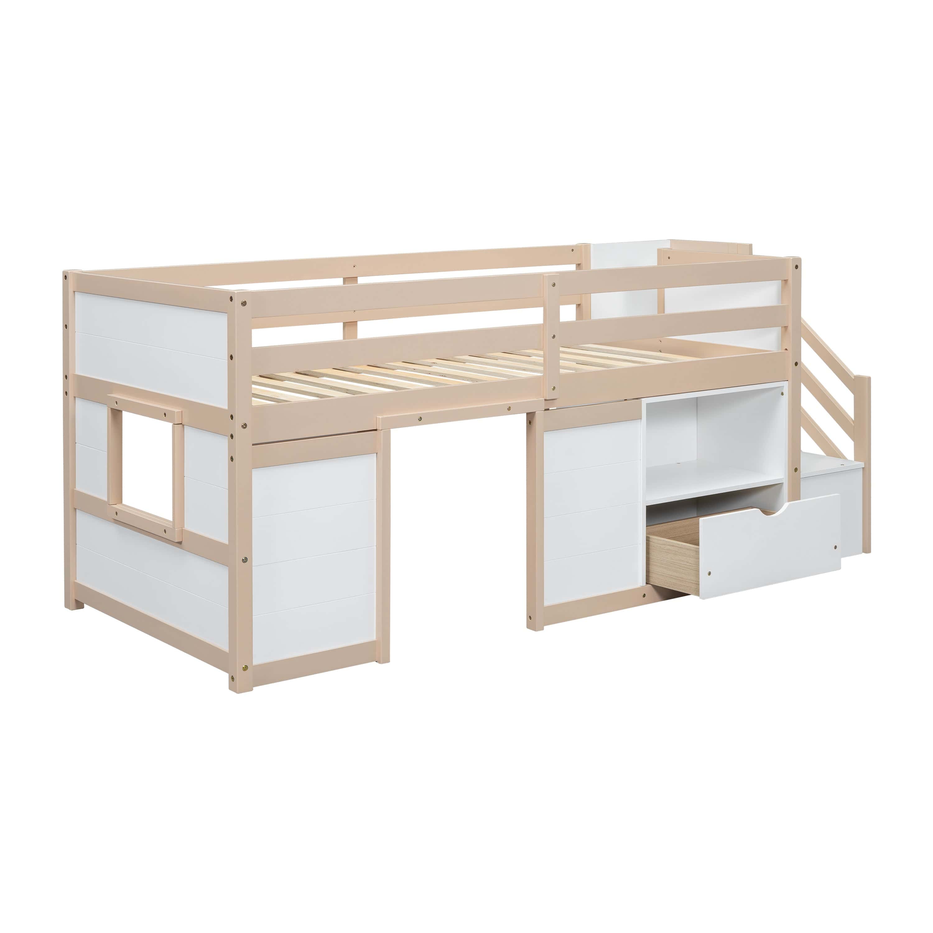 SOLID WOOD TWIN SIZE LOW LOFT BED WITH STAIR, DRAWER, AND SHELF FOR CREAM + WHITE COLOR
