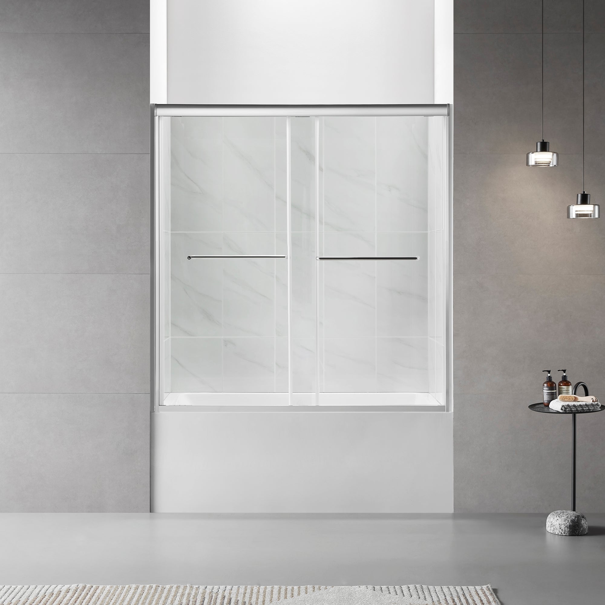 60"W x 60"H Bathtub Double Sliding Tub Shower Door with 1/4"(6mm) Clear Glass, Framed Tub Glass Shower Door, Brushed Titanium Finish