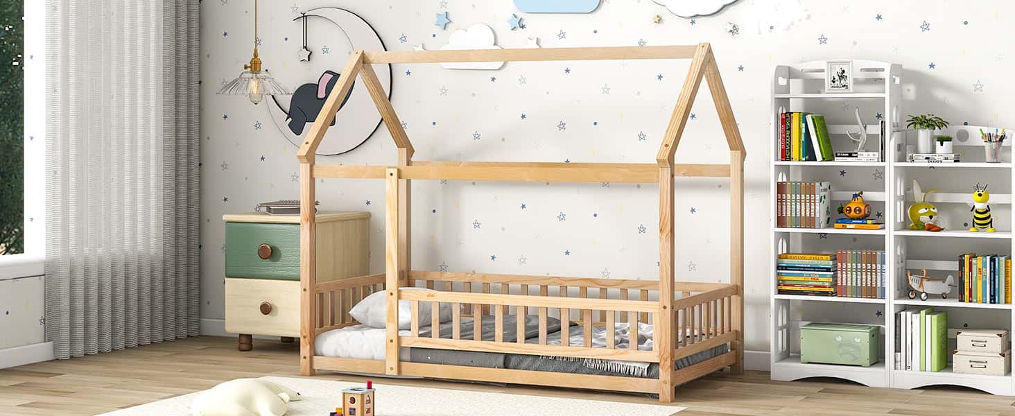 Twin Size Floor Wooden Bed with House Roof Frame, Fence Guardrails,(Old SKU:W504105240)