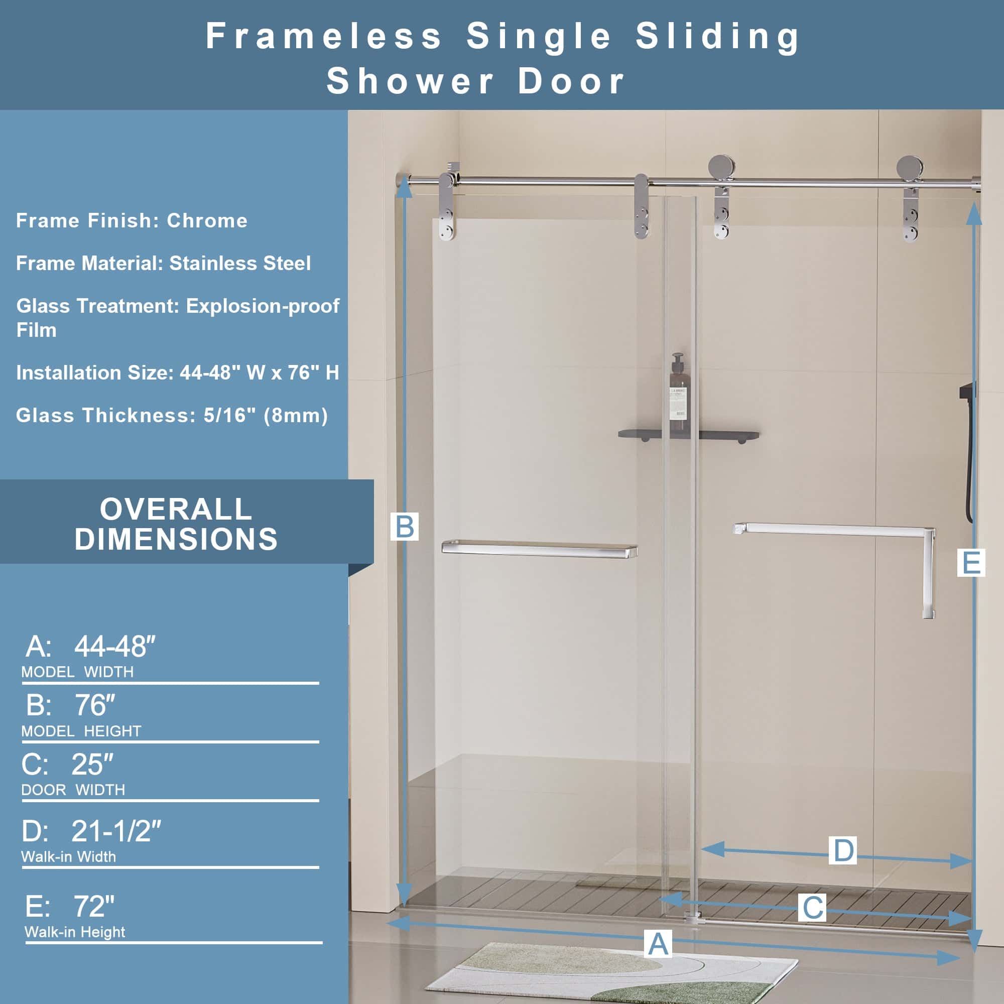 Frameless Shower Door, Single Sliding Shower Door, 44-48"W x 76"H  5/16" (8mm) Clear Tempered Glass Shower Door with Explosion-Proof Film, Stainless Steel Hardware, Chrome Finish, 24D210-48C