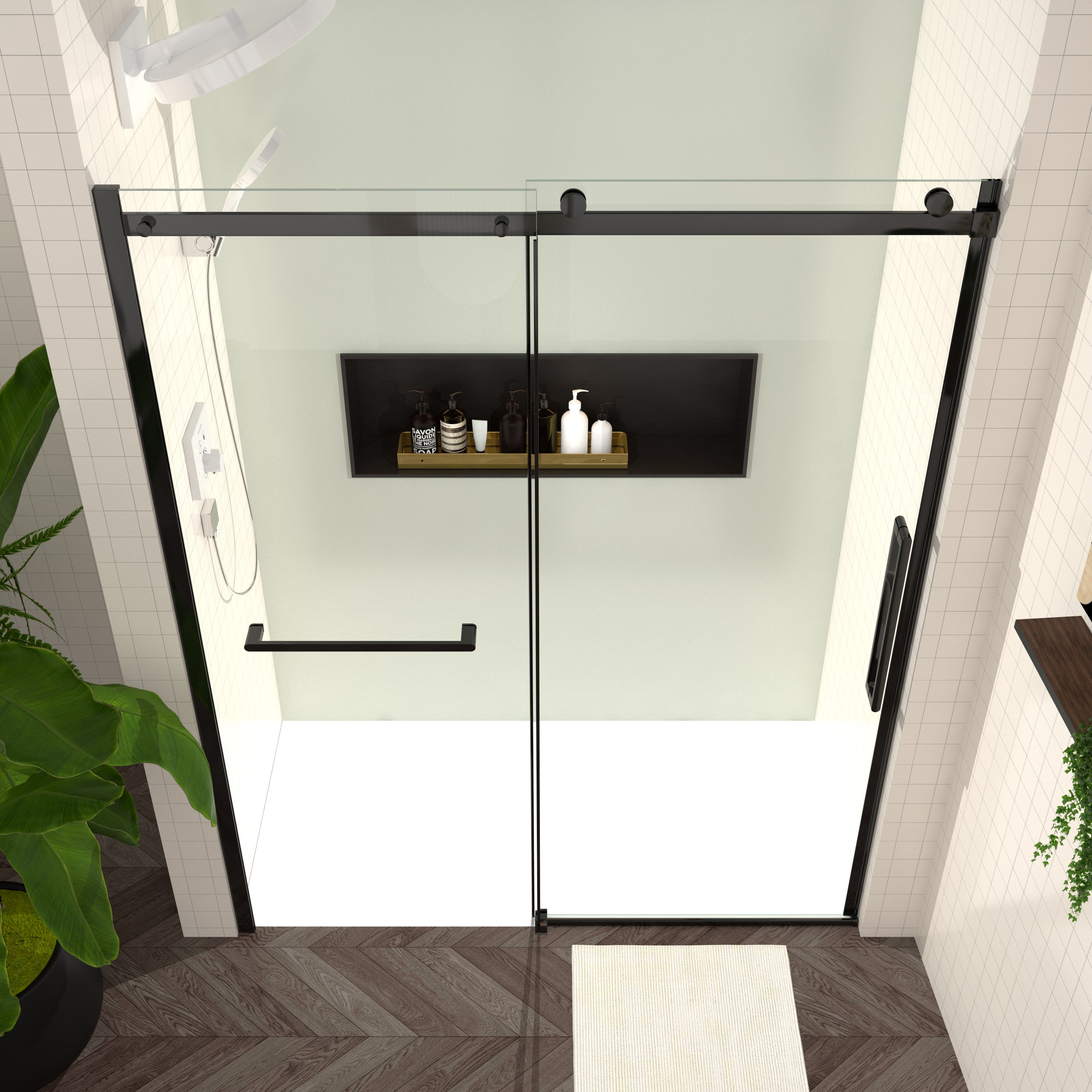 Matte black sliding shower door installed in a modern bathroom