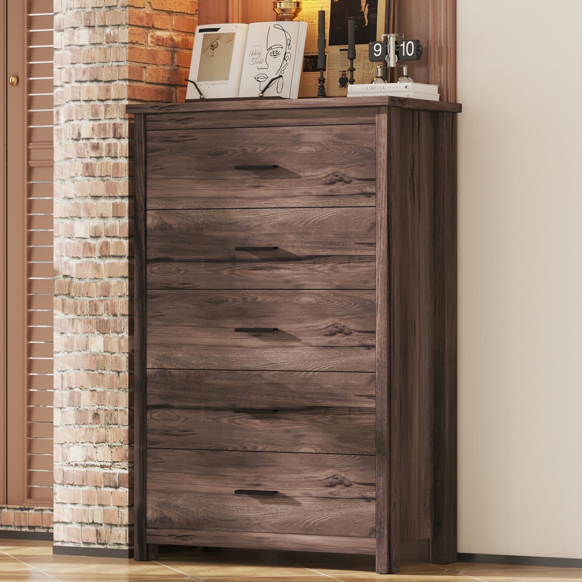 Retro American Country Style Wooden Dresser with 5 Drawer, Storage Cab   EFFOREST