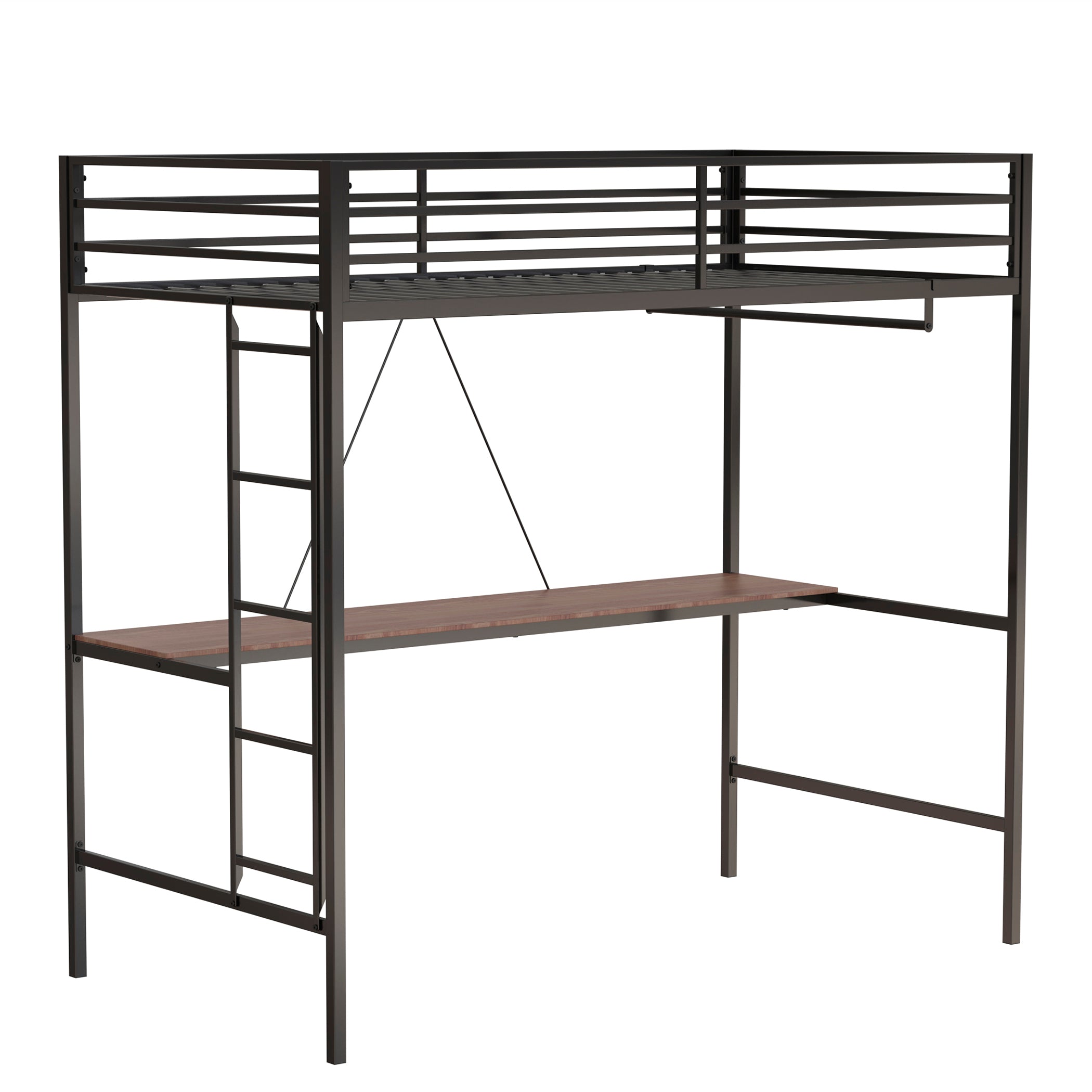 Adam Sturdy Twin Loft Bunk Black with Cinnamon Wood Desk and Closet Rod for Adult and Kids, and Easy Climbing with Sturdy Ladder, Space Saving