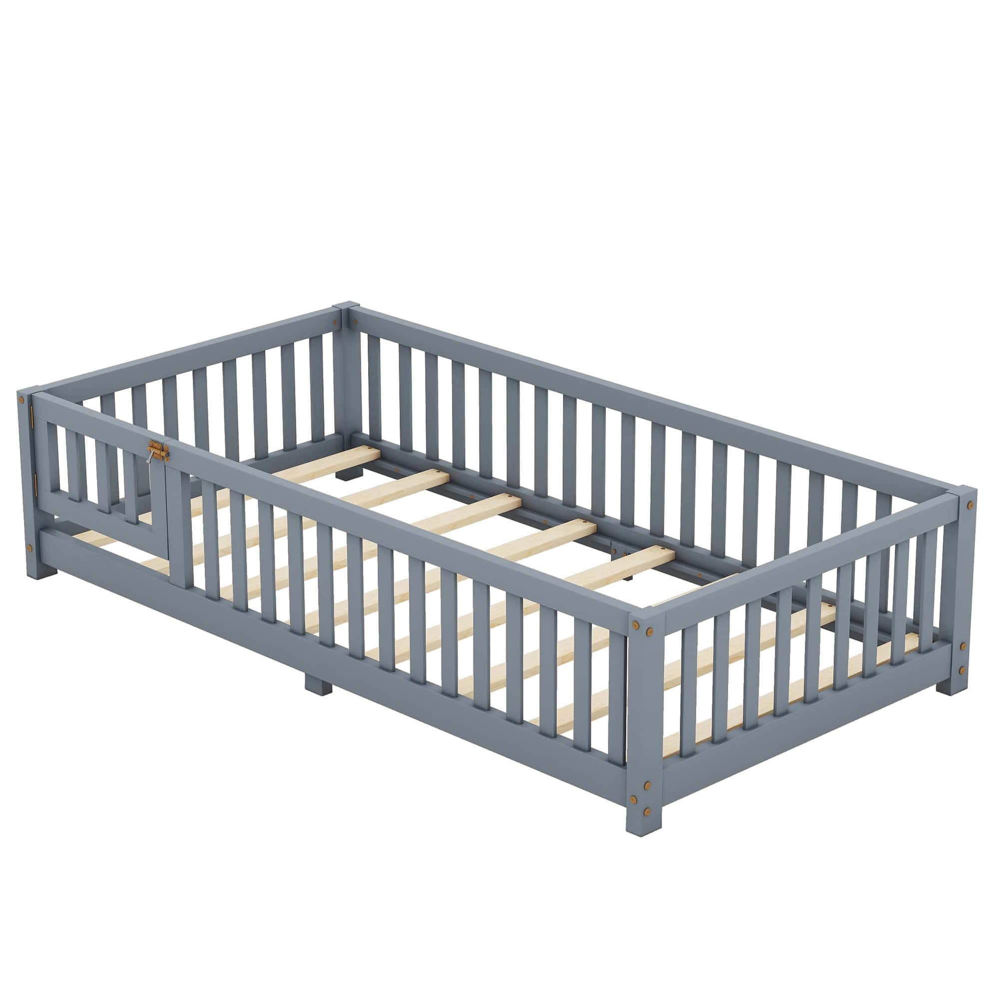 Twin Size Bed Floor Bed with Safety Guardrails and Door for Kids, Gray(Old SKU: W158090685)