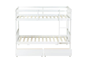 White twin over twin solid wood bunk bed with drawers