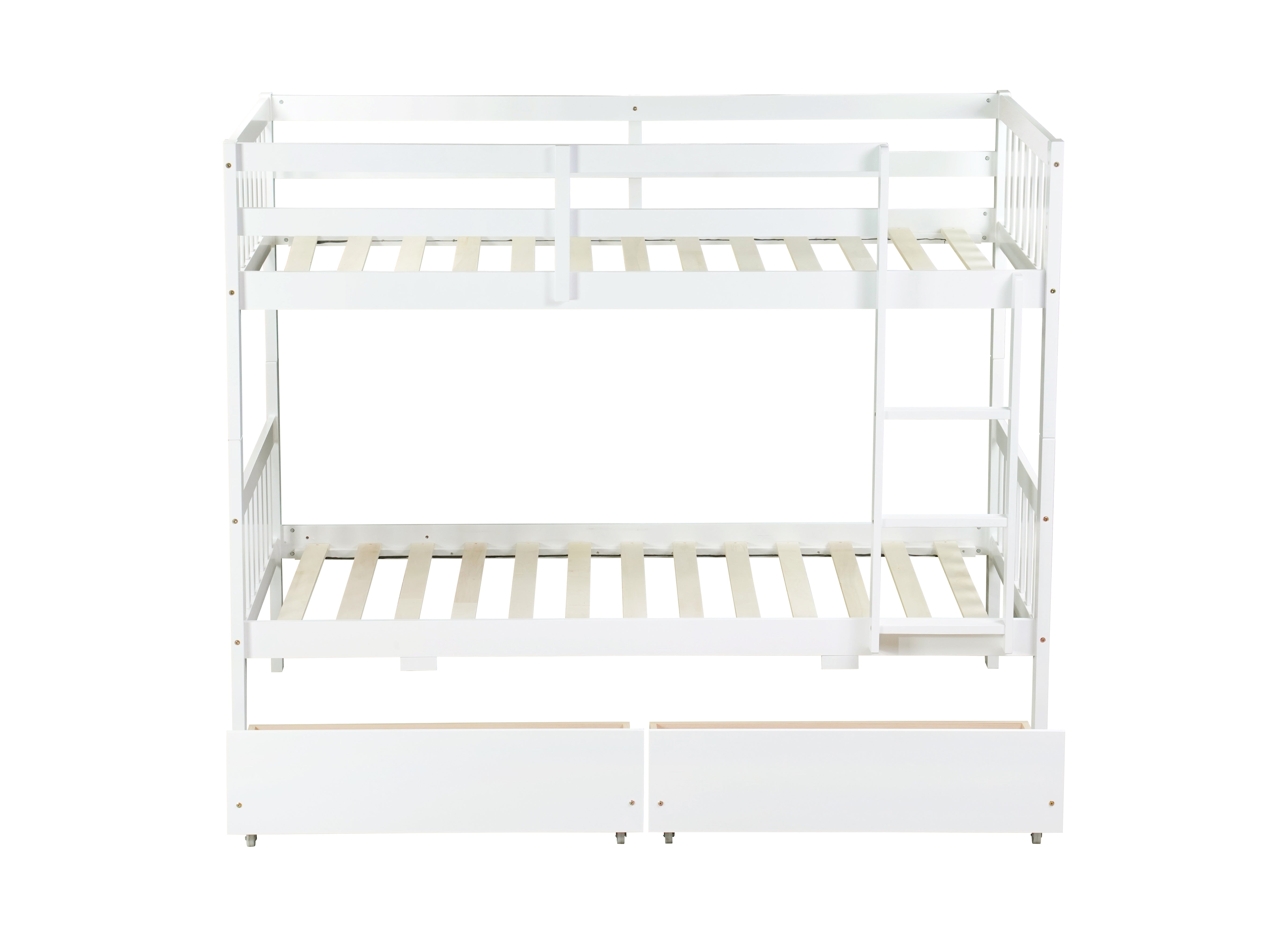 White twin over twin solid wood bunk bed with drawers