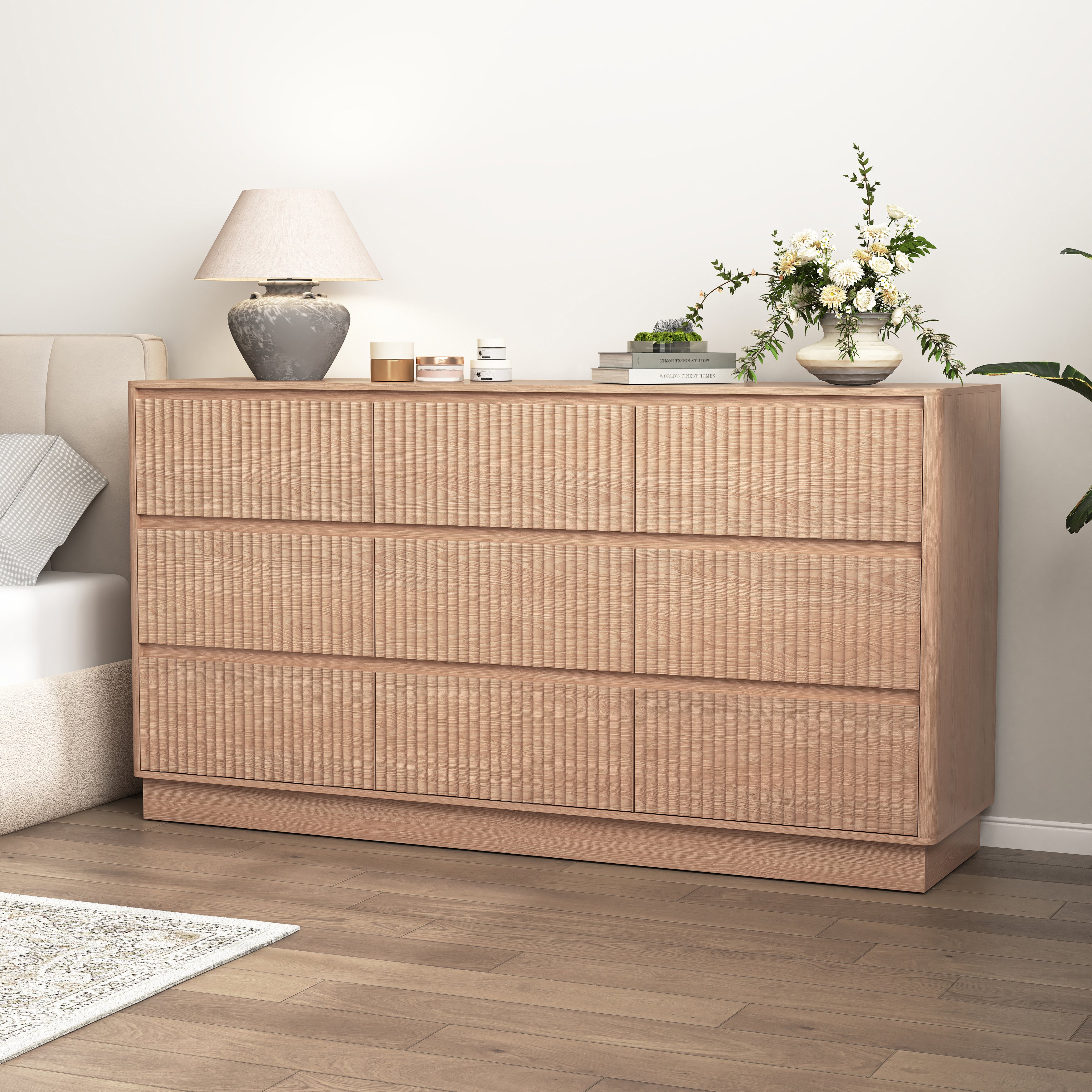 Long natural wood chest of drawers, mid-century storage cabinet, drawers open