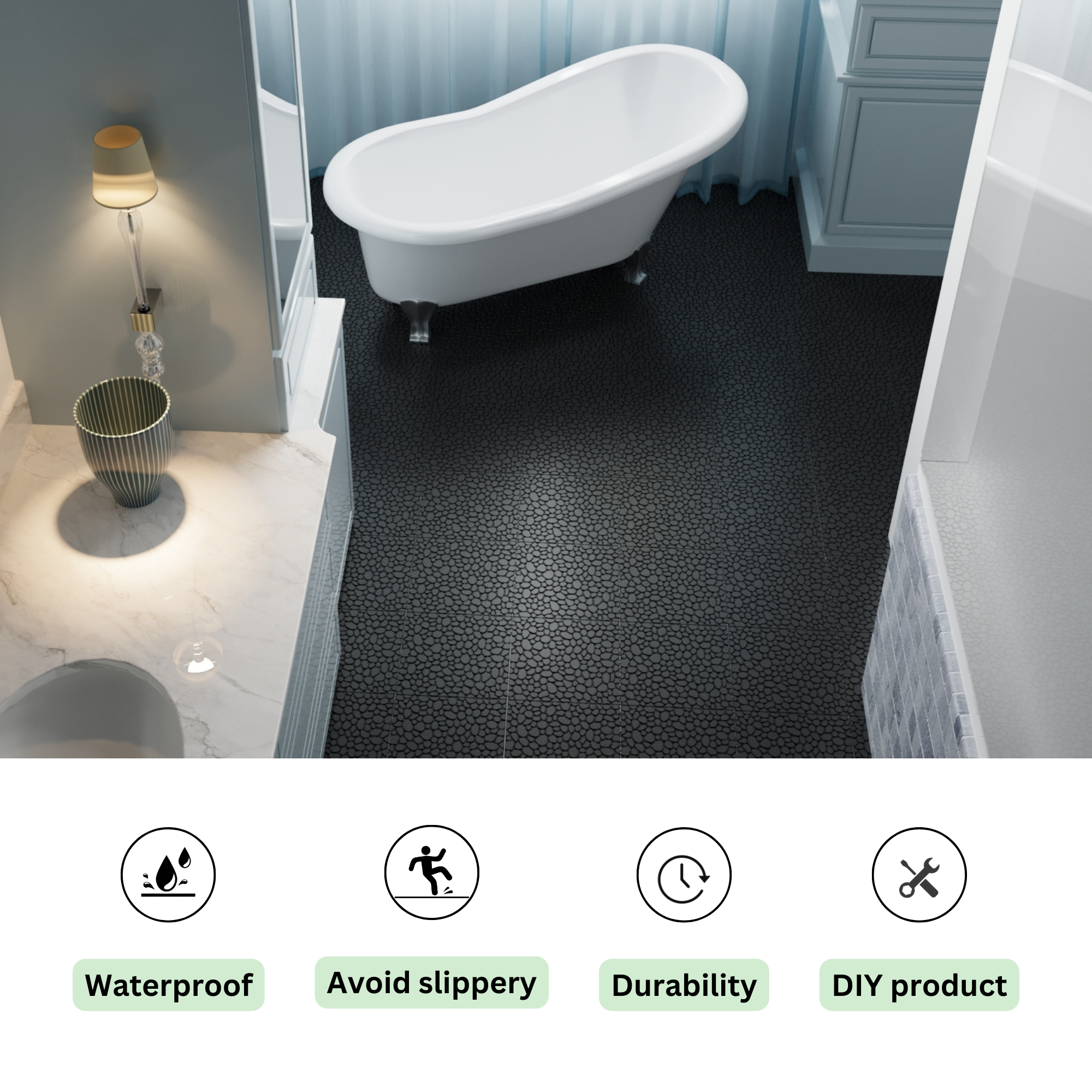 12 x 12 Inch Black Interlocking Deck Tiles Plastic Waterproof Outdoor All Weather Anti-slip Bathroom Shower Balcony Porch Strong Weight Capacity Upto 440 LBS, Pebble Stone Pattern Pack of 24