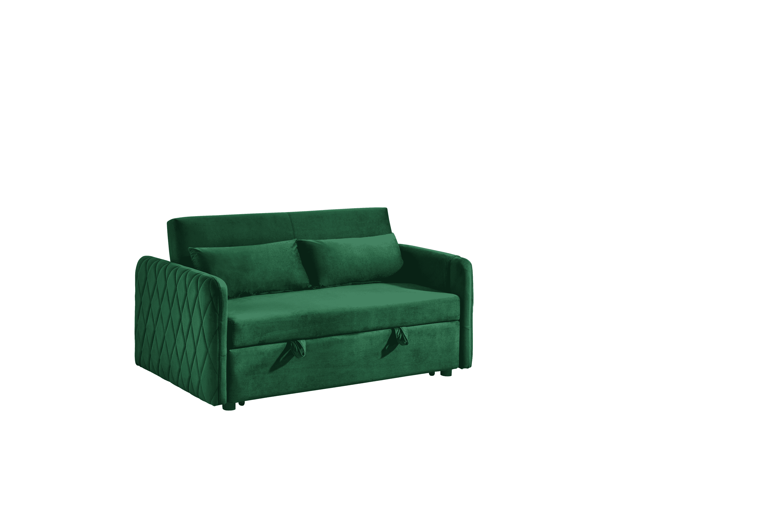 55" Modern Convertible Sofa Bed with 2 Detachable Arm Pockets, Velvet Loveseat Sofa with Pull Out Bed, 2 Pillows and Living Room Adjustable Backrest, Grid Design Armrests
