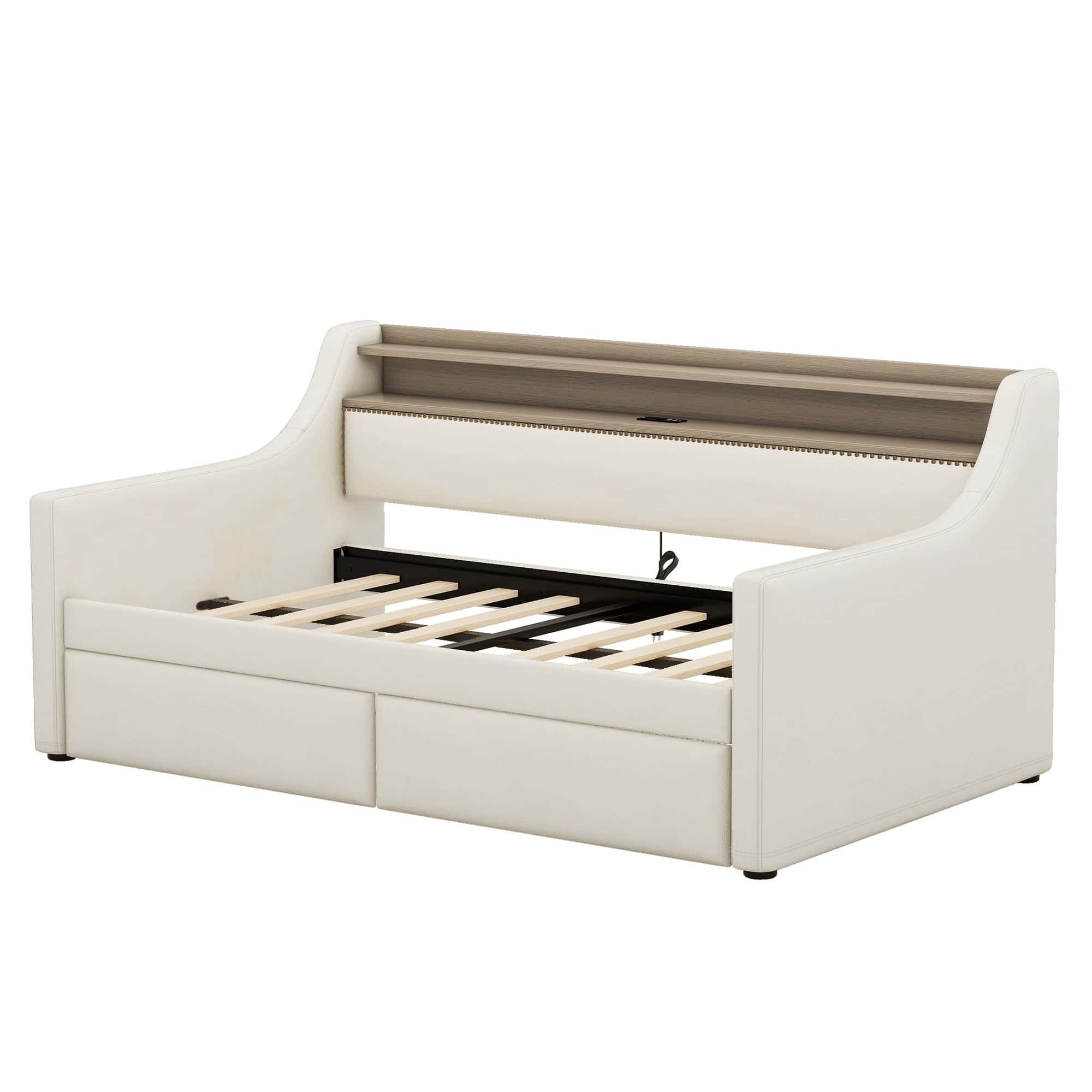 Twin Size Daybed with Storage Drawers, Upholstered Daybed with Charging Station and LED Lights, Beige (Old Item W1580S00022)
