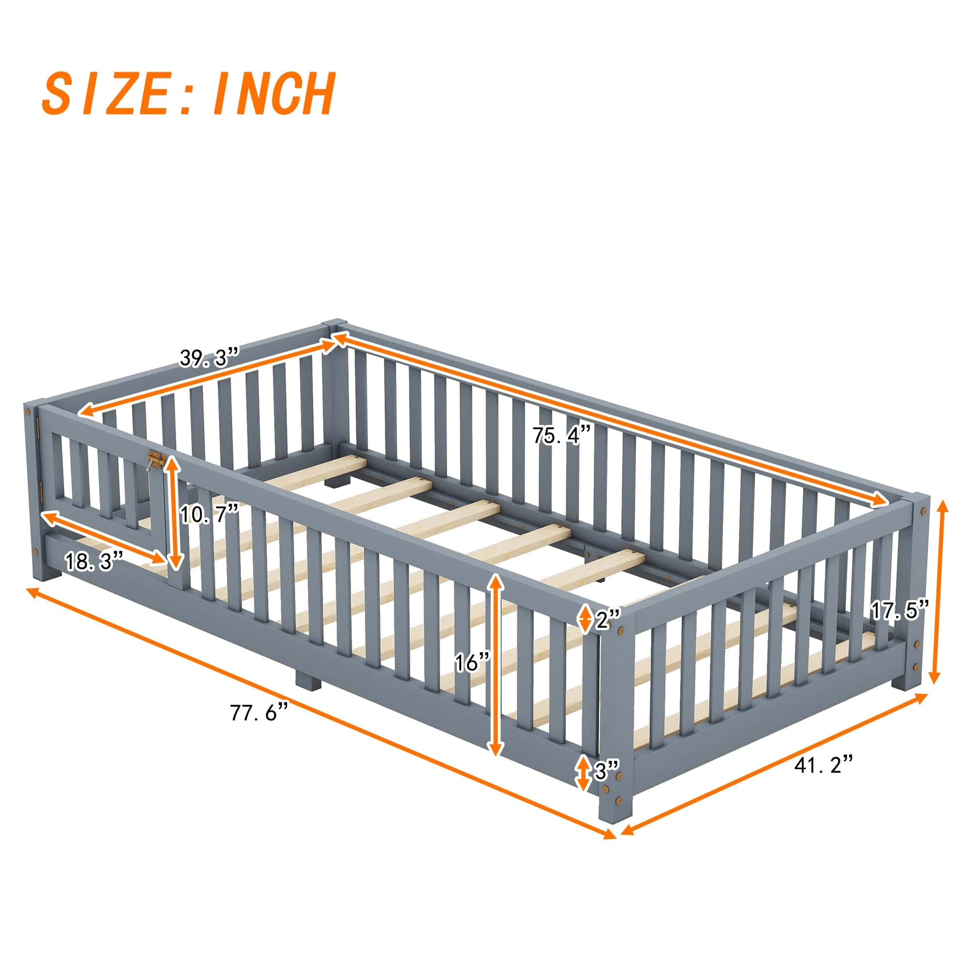 Twin Size Bed Floor Bed with Safety Guardrails and Door for Kids, Gray(Old SKU: W158090685)