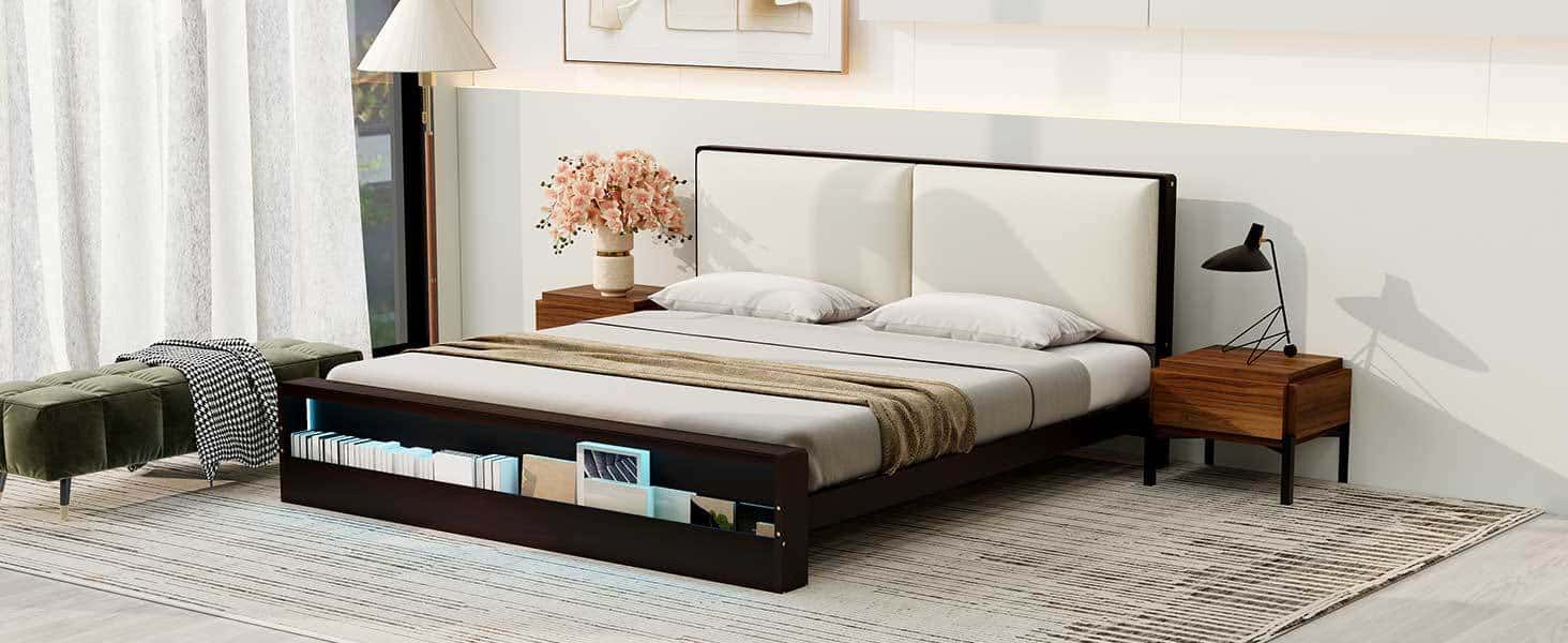 King Size Platform Bed Frame with Upholstery Headboard and Bookshelf in Footboard and LED Light Strips, Espresso