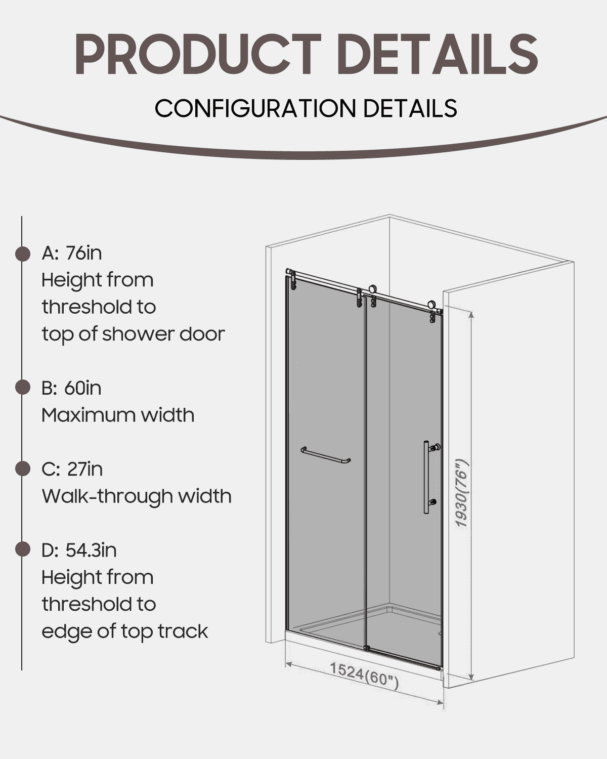 Frameless Shower Doors 60" W x 76"H with 5/16"(8mm) Clear Tempered Glass,  304 Nickel Brushed Stainless Steel Large Roller, Nickel Nrushed Metal Water Bar Left-Right Invertibility