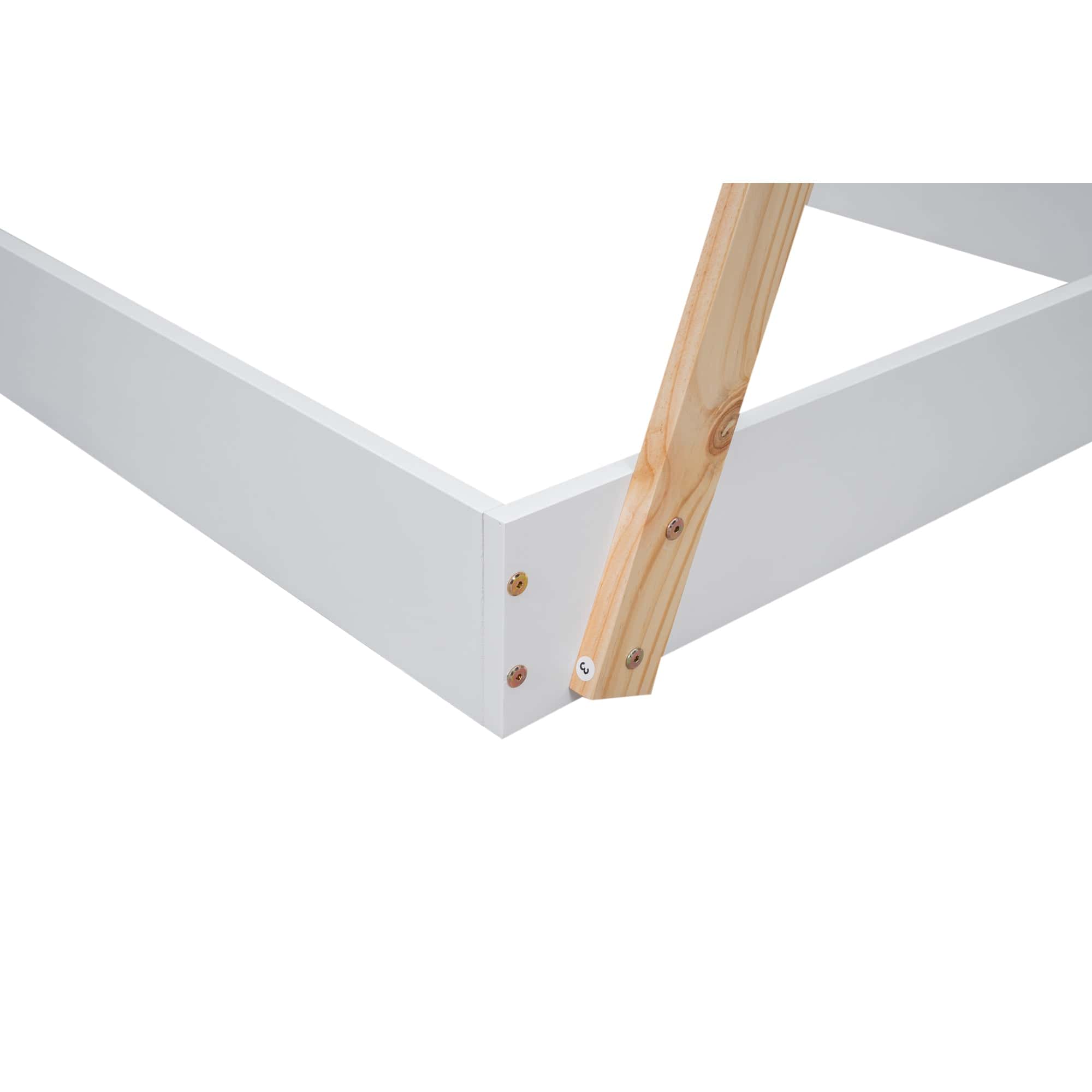 Twin Size Tent Floor Bed with Triangle Structure, White+Natural