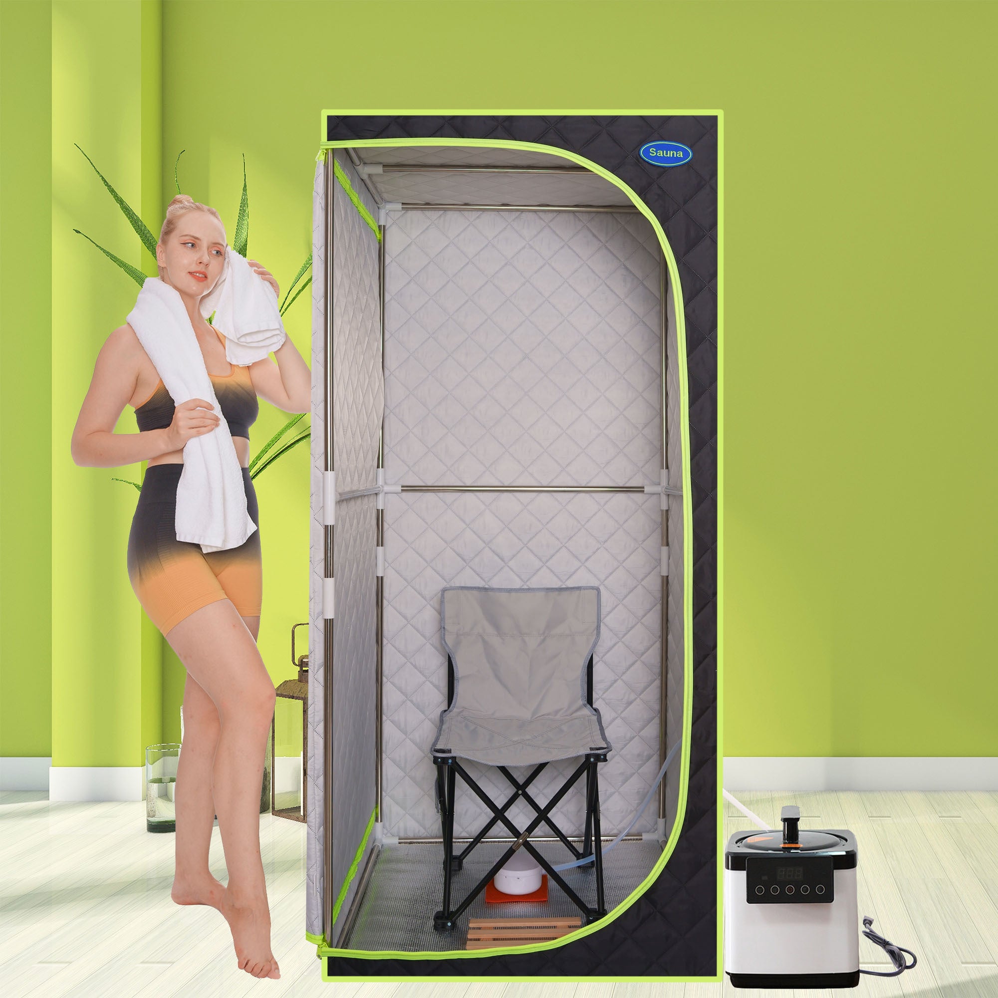 Portable Plus Type Full Size Steam Sauna tent. Spa, Detox ,Therapy and Relaxation at home.Larger Space,Stainless Steel Pipes Connector Easy to Install, with FCC Certification--Black(Green binding)
