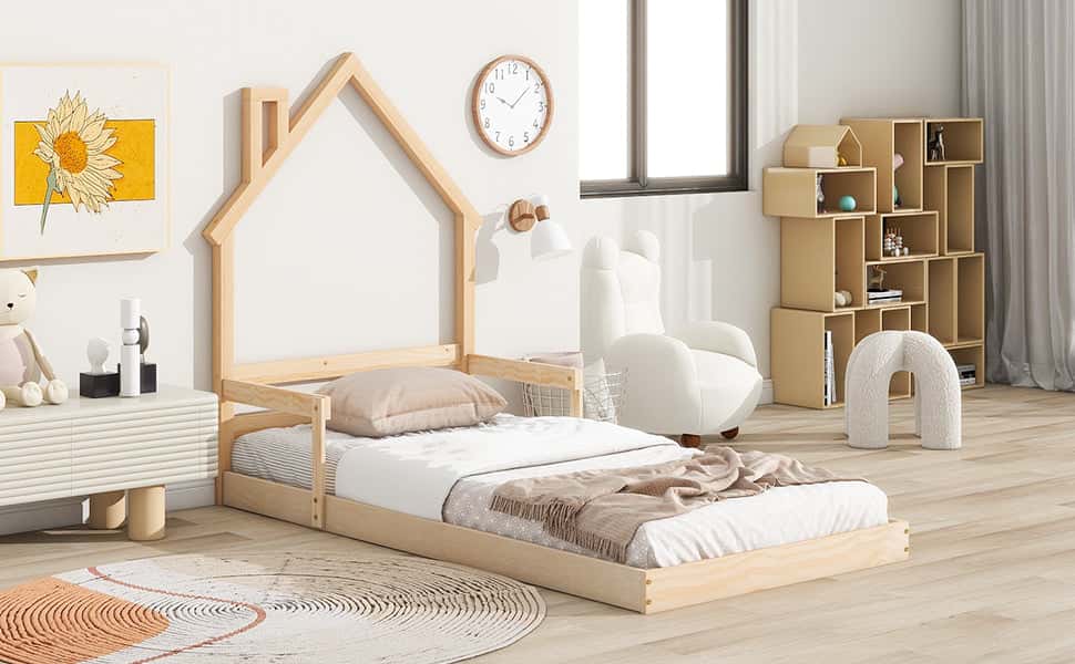 Twin House-Shaped Headboard Floor Bed with Handrails ,slats ,Natural