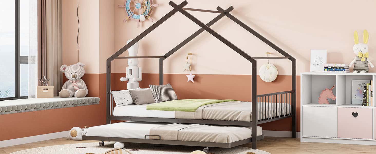 Full Size Metal House Bed with Twin Size Trundle, Black