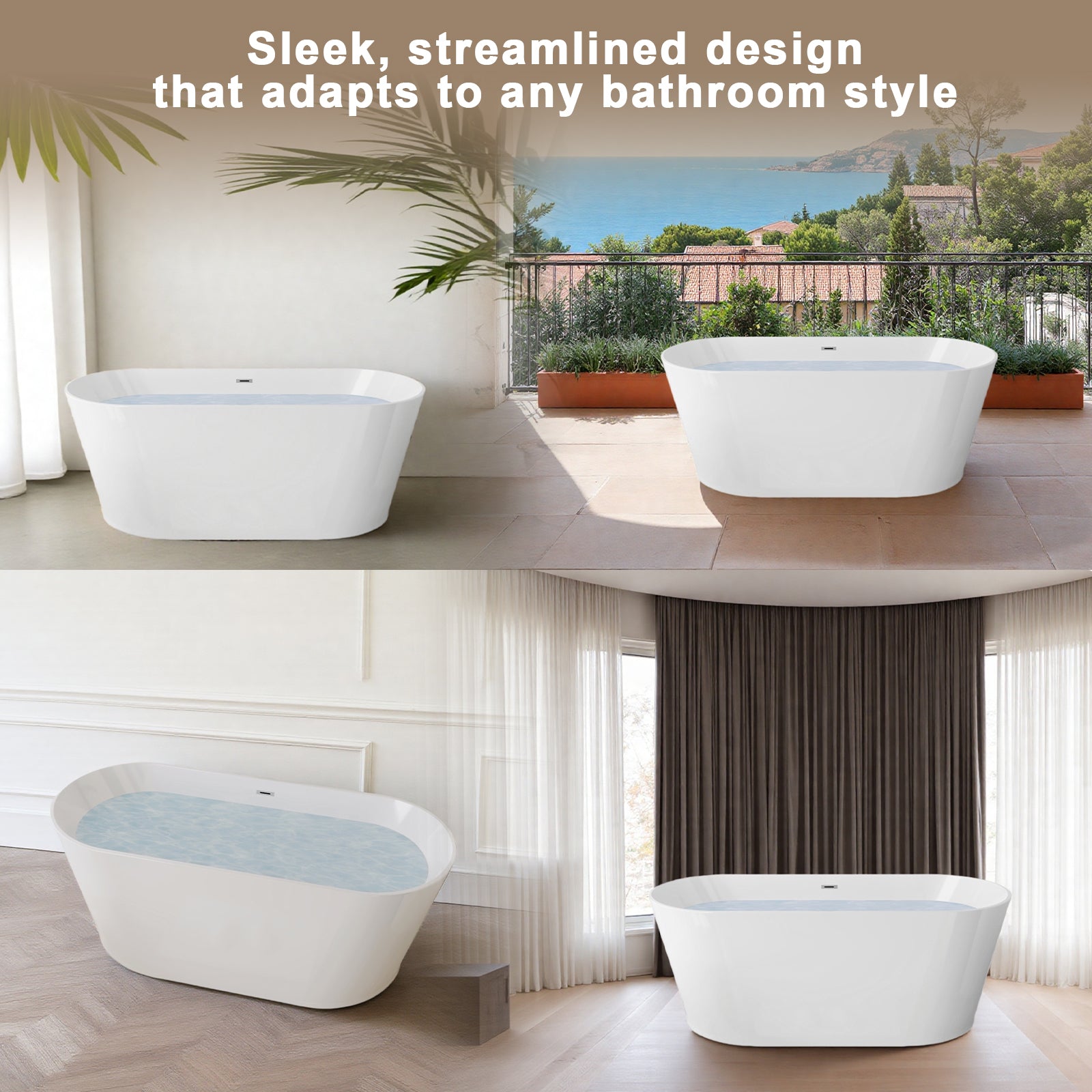 Freestanding acrylic soaking tub with chrome drain, detail view