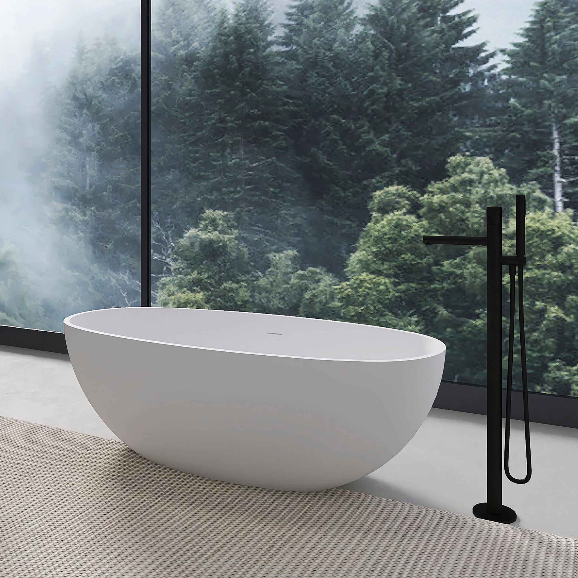 65.2 inch freestanding soaking bathtub solid surface white angled view