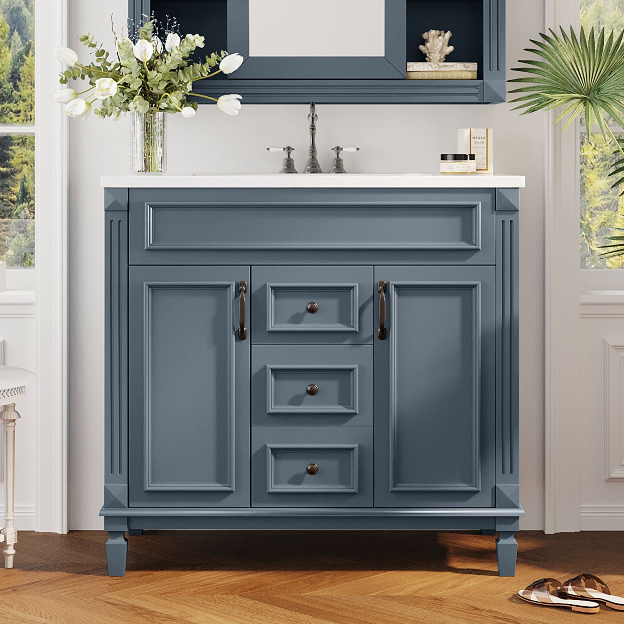 Modern bathroom vanity soft-closing cabinet doors open, storage view