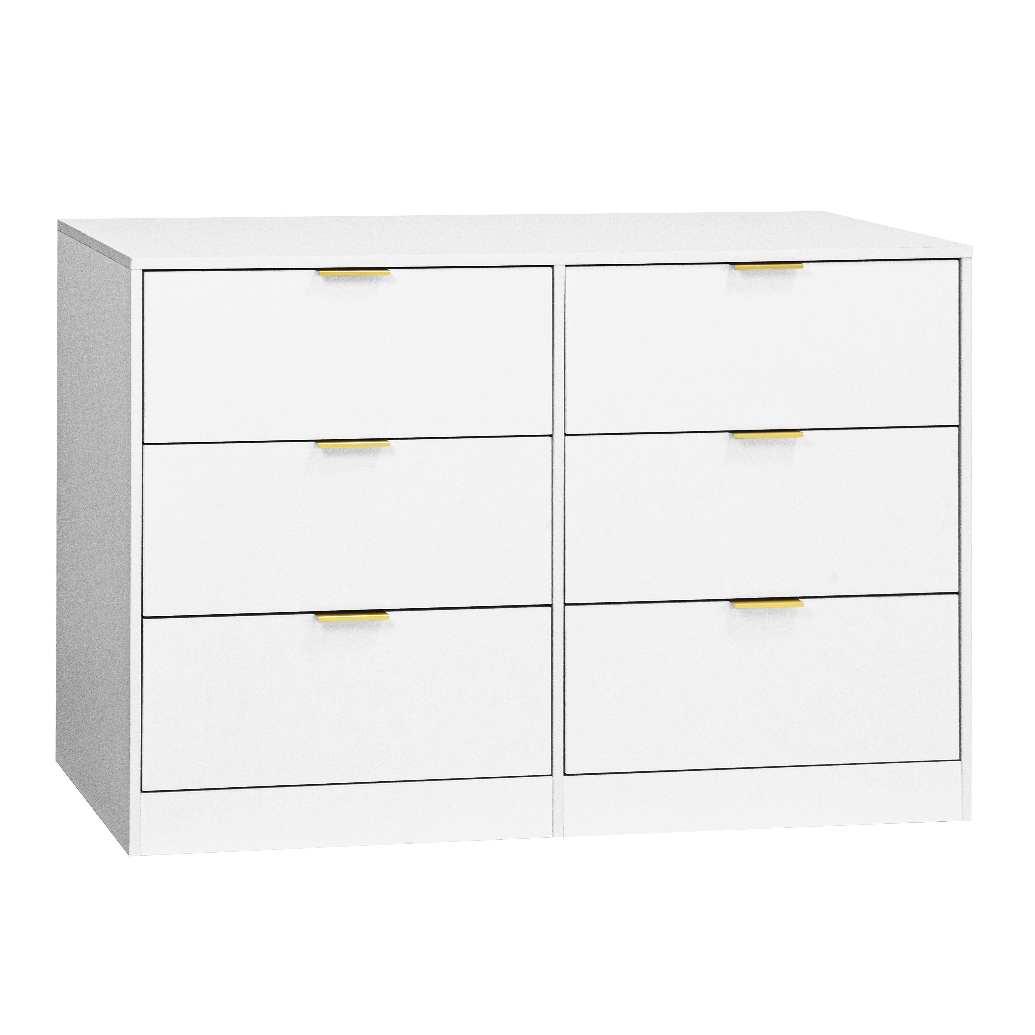 White modern dresser in bedroom setting, styled view