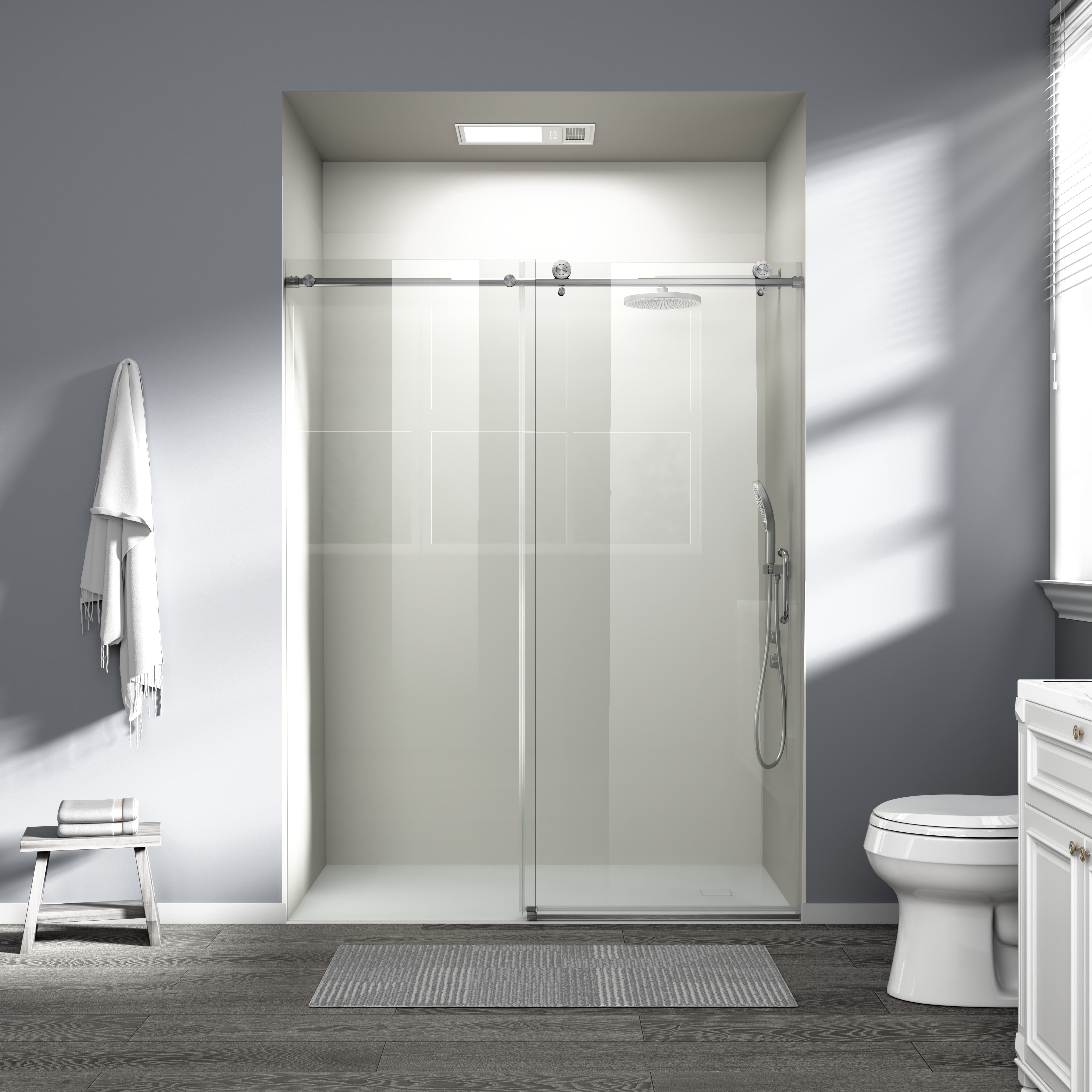 Frameless single sliding shower door 56-60 inch brushed nickel front view