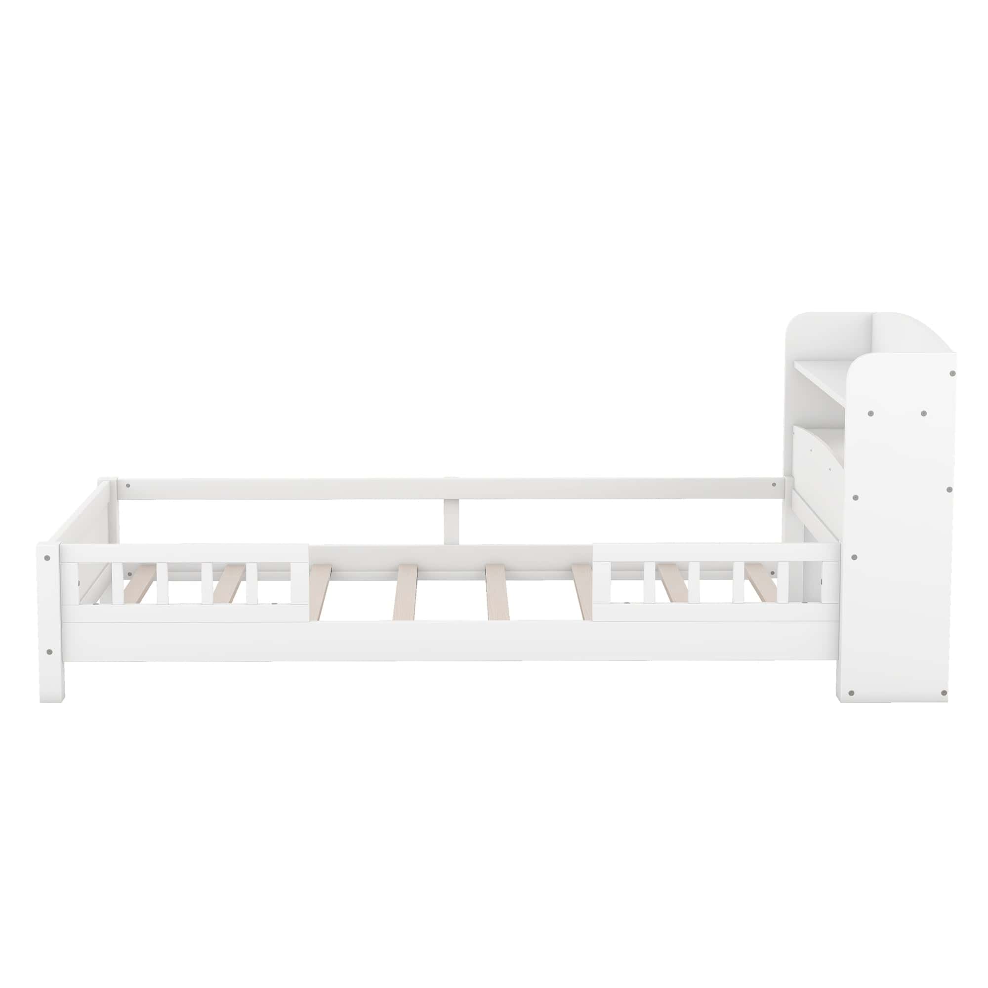 Wood Twin Size Platform Bed with Built-in LED Light, Storage Headboard and Guardrail, White